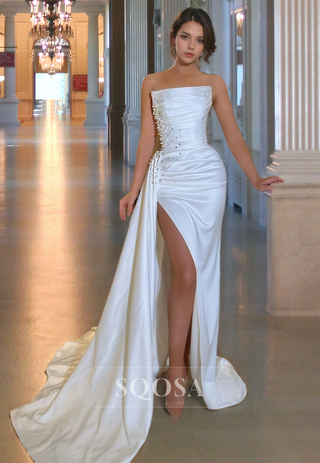 Tube Top Sleeveless Beaded Mermaid Formal Gowns Satin Pleated Slit with Train Prom Dress White / US8 Tube Top Sleeveless Beaded Mermaid Formal Gowns Satin Pleated Slit with Train Prom Dress White / US8