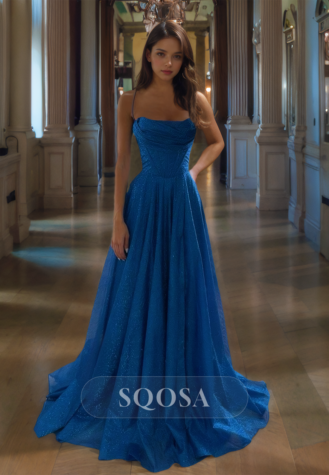 Spaghetti Straps Tube Top Sleeveless Party Gowns Off-Shoulder Glitter-Knit Pleated A-Line Prom Dress Blue / US16 Spaghetti Straps Tube Top Sleeveless Party Gowns Off-Shoulder Glitter-Knit Pleated A-Line Prom Dress Blue / US16