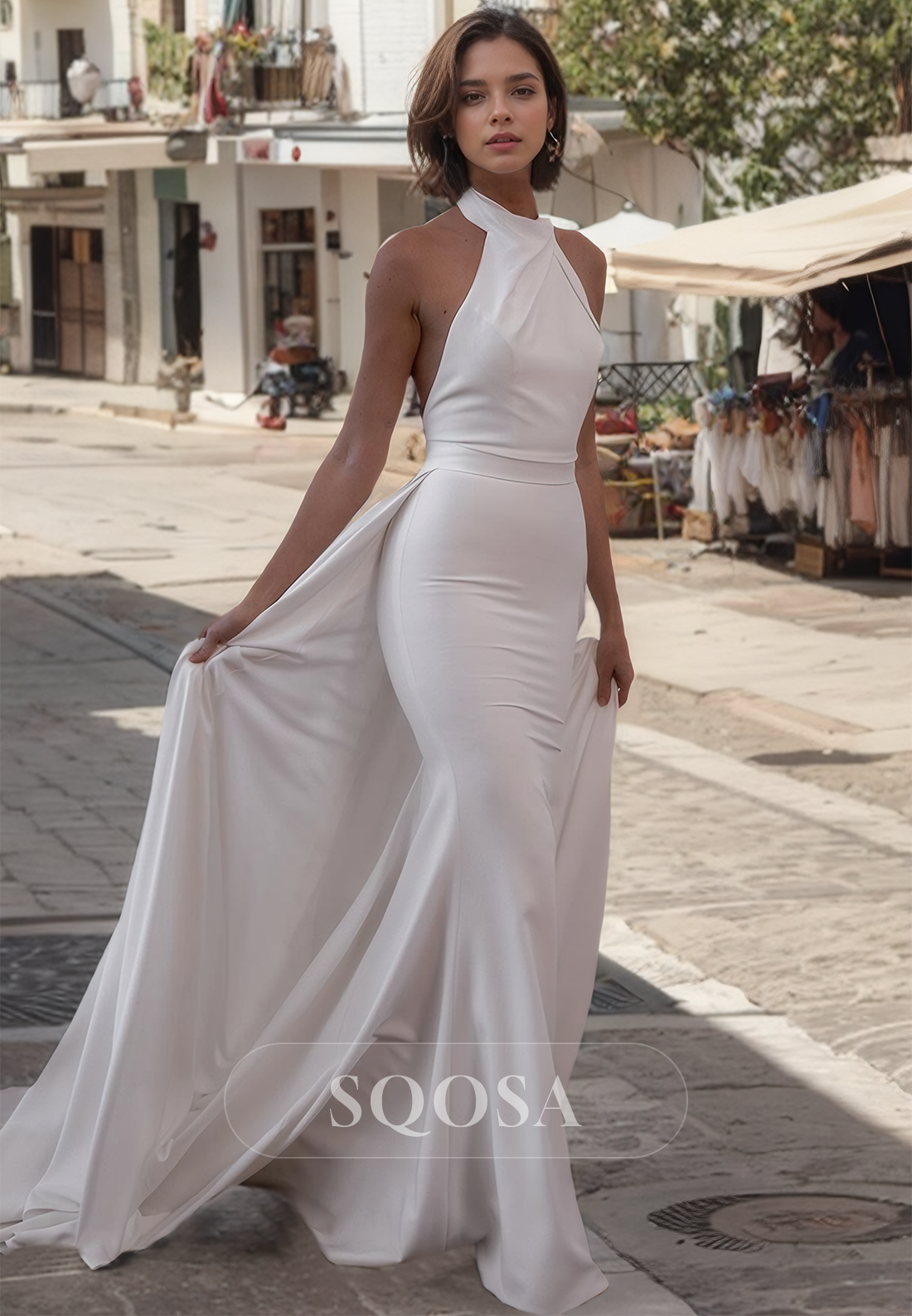 Sleeveless Halter-Neck Mermaid Dress Off-Shoulder with Sweep Train Beach Wedding Dress Custom Color / US14 Sleeveless Halter-Neck Mermaid Dress Off-Shoulder with Sweep Train Beach Wedding Dress Custom Color / US14