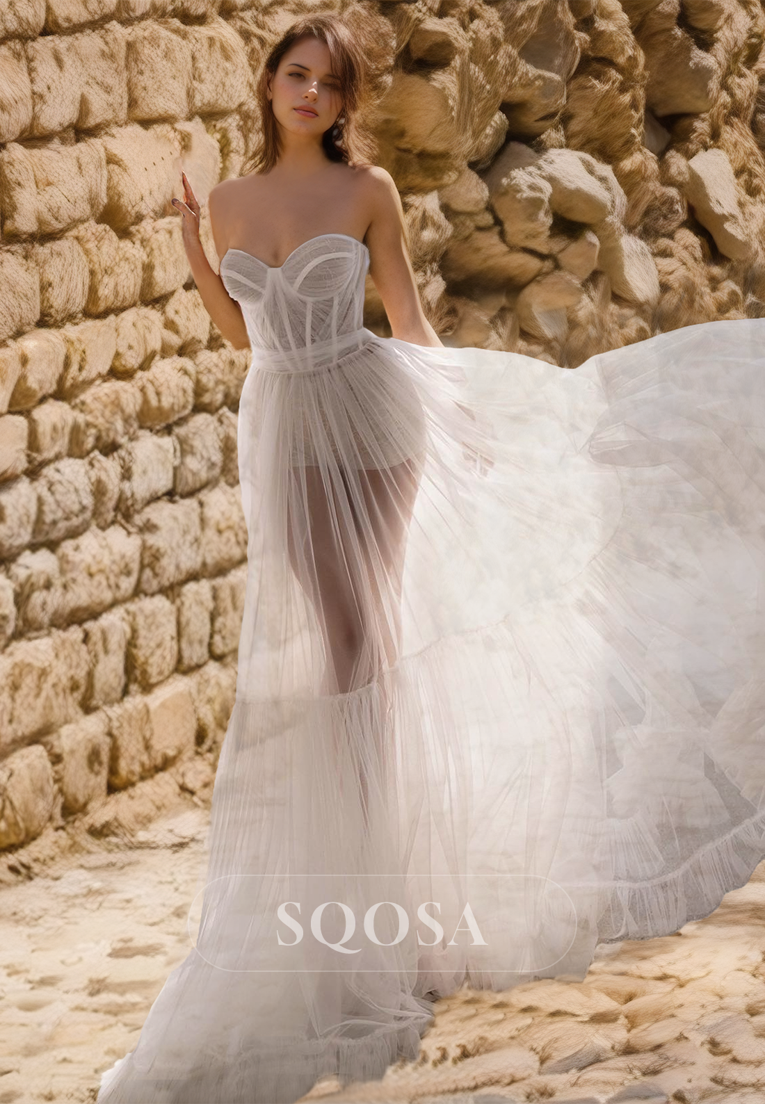 Sweetheart Off-Shoulder Tulle A-Line Boho Wedding Dress Pleated Cutout – SQOSA Sweetheart Off-Shoulder Tulle A-Line Boho Wedding Dress Pleated Cutout – SQOSA