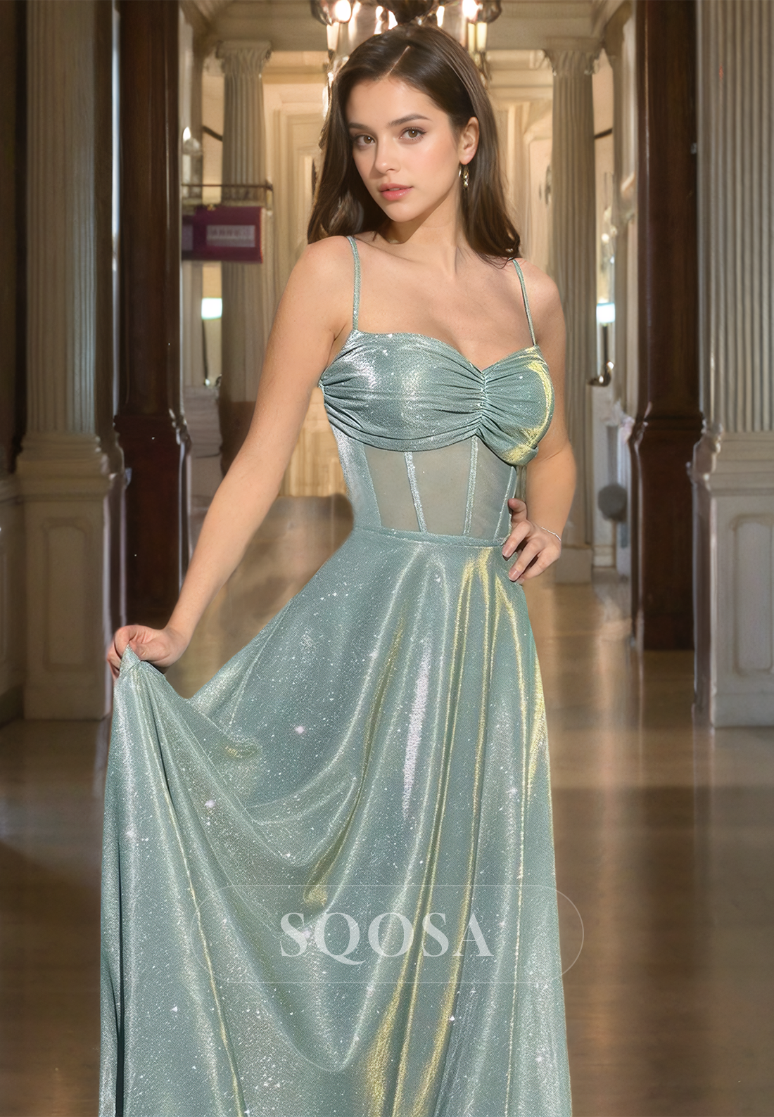 Spaghetti Straps Sweetheart Sleeveless Cutout Prom Dress Glitter-Knit Pleated A-Line Party Gowns