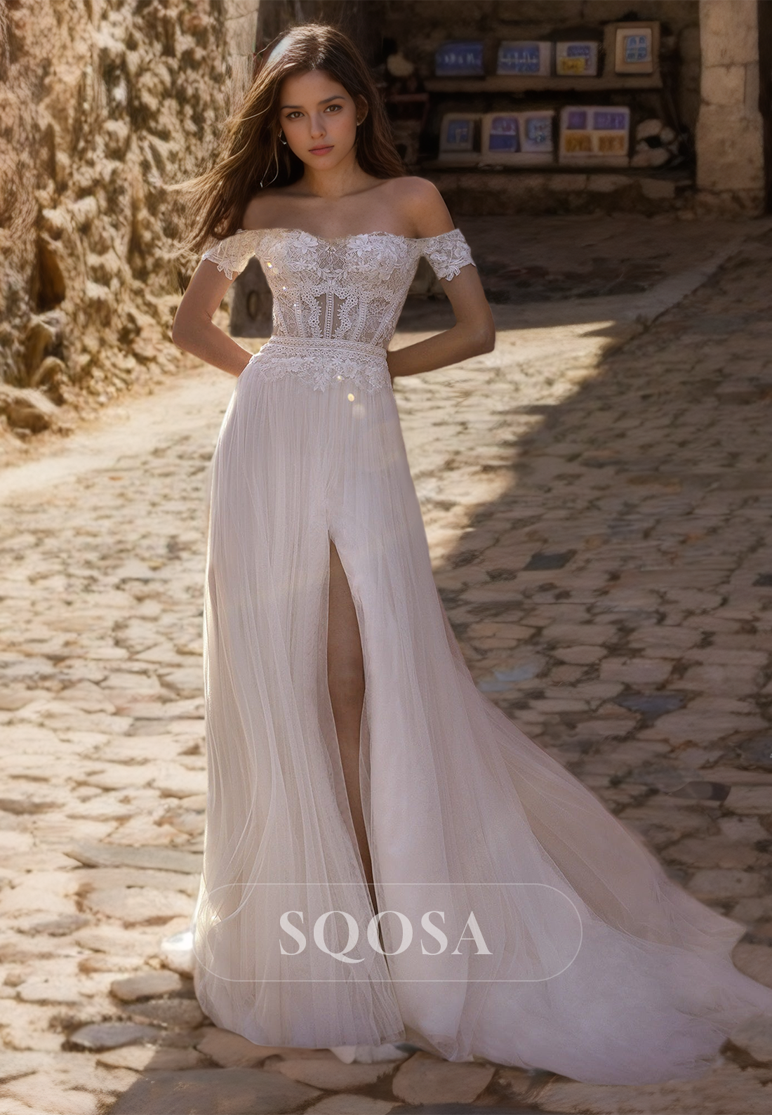 Tube Top Sleeveless Tulle A-Line Beach Bride Gowns Lace Applique Boho SQOSA Tube Top Sleeveless Tulle A-Line Beach Bride Gowns Lace Applique Boho SQOSA