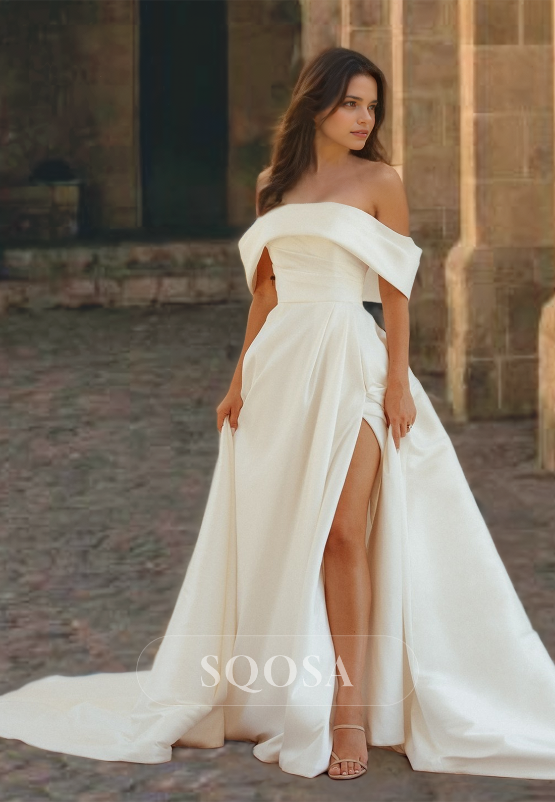 Sleeveless High Split Satin Bridal Dress with Train A-Line Off-Shoulde – SQOSA Sleeveless High Split Satin Bridal Dress with Train A-Line Off-Shoulde – SQOSA