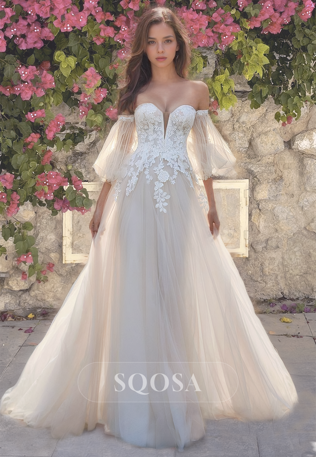 half sleeve a line dress Sweetheart Half-Sleeves A-Line Beach Dress Floor-Length with Lace Appliques Wedding Dress White / US12