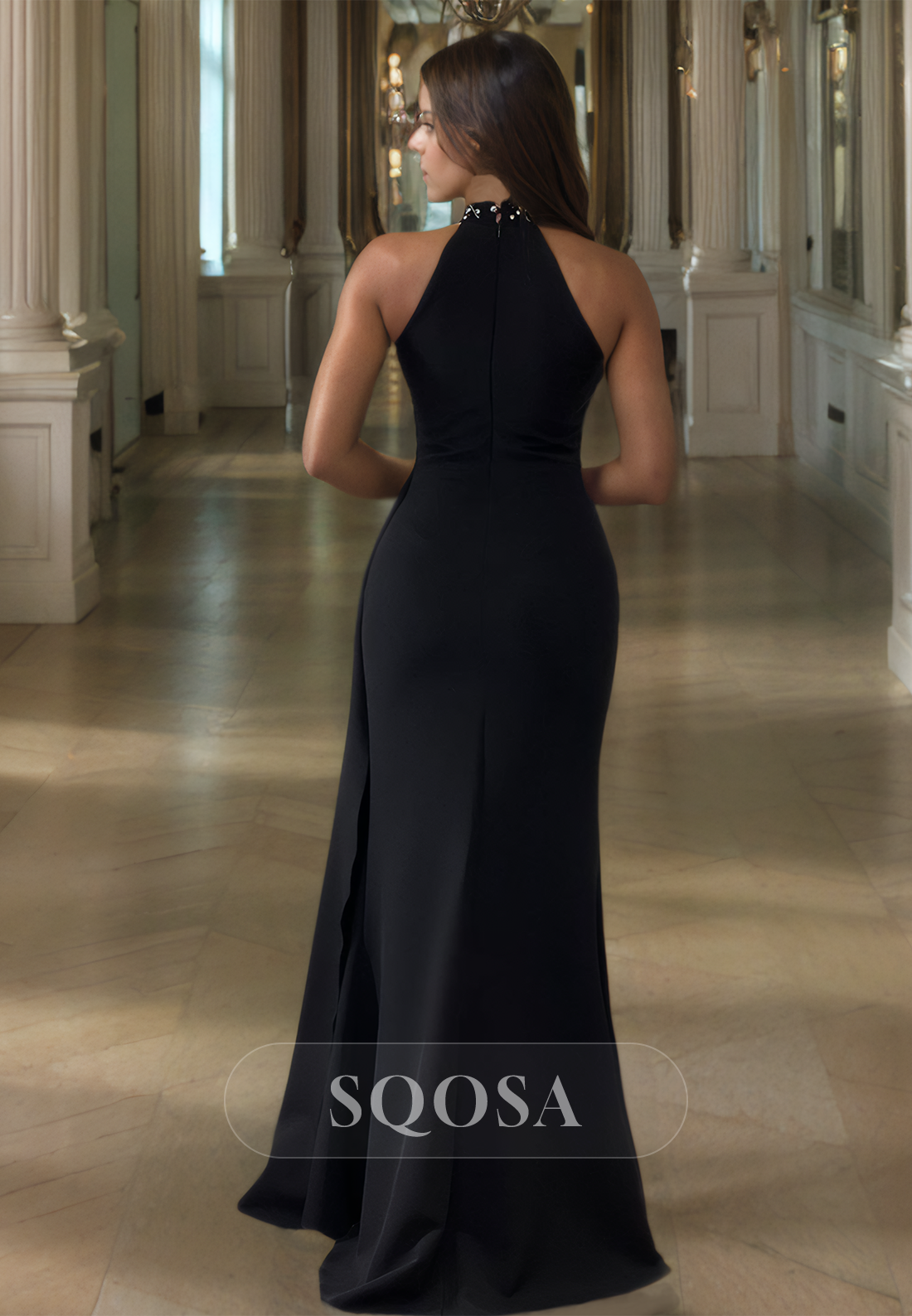 High Scoop-Neck Off-Shoulder Sleeveless Beaded Pleated Floor-Length Mermaid Formal Prom Dress