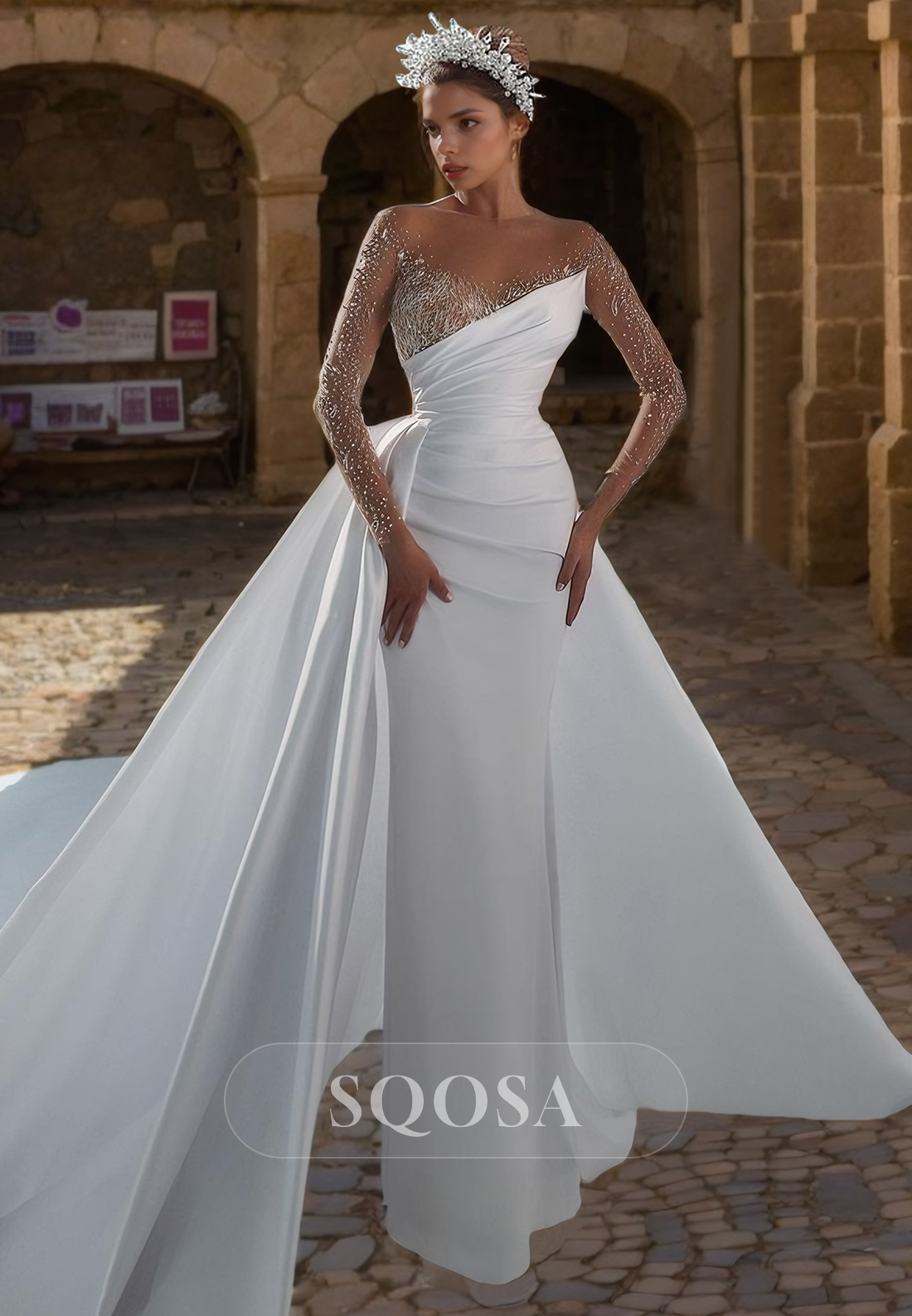 Illusion Neckline Beads Long Sleeves Mermaid Wedding Dress US12 / Ivory Illusion Neckline Beads Long Sleeves Mermaid Wedding Dress US12 / Ivory