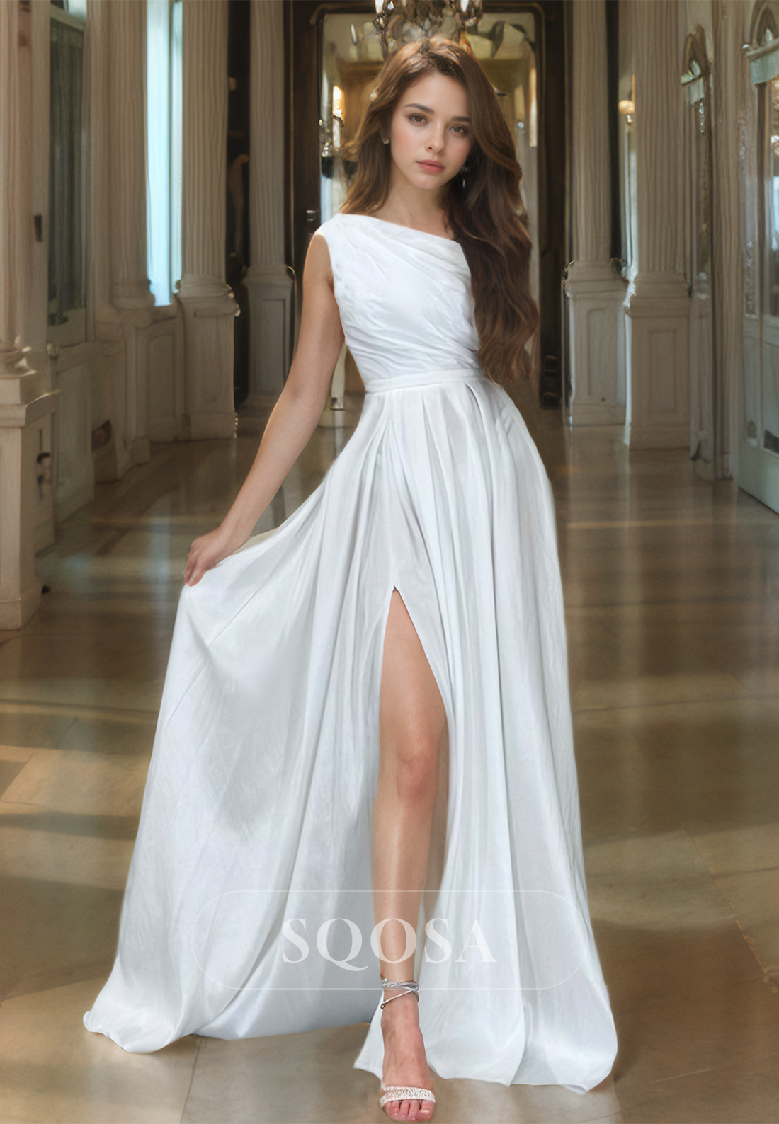 Asymmetrical-Neck Off-Shoulder Sleeveless A-Line Prom Dress Pleated Satin Bride Gowns with Slit
