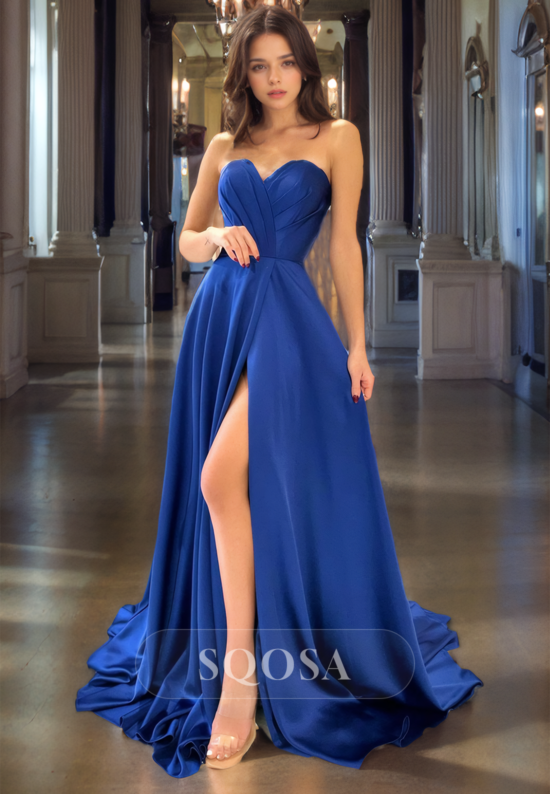 A Line Sweetheart Satin Pleats Long Prom Dress with Slit Formal Gown SQOSA A Line Sweetheart Satin Pleats Long Prom Dress with Slit Formal Gown SQOSA