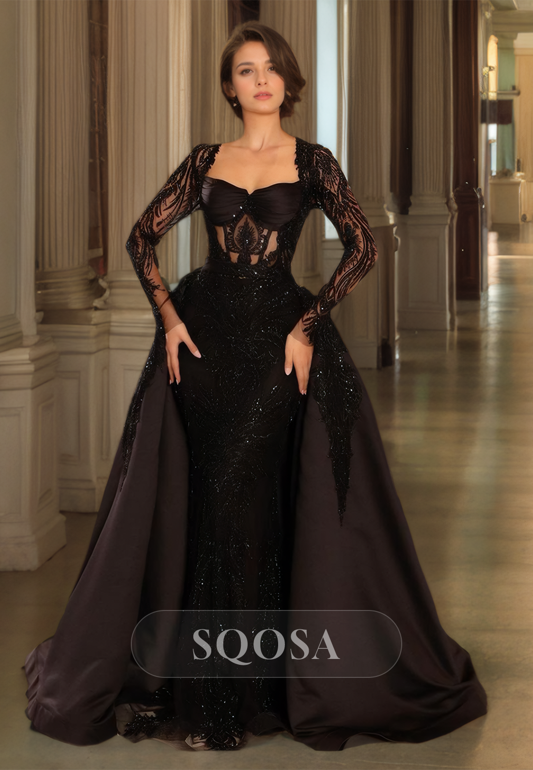 Sweetheart Long-Sleeves Allover Glitter Applique Cutout Mermaid Prom Dress with Satin Overskirt Sweetheart Long-Sleeves Allover Glitter Applique Cutout Mermaid Prom Dress with Satin Overskirt