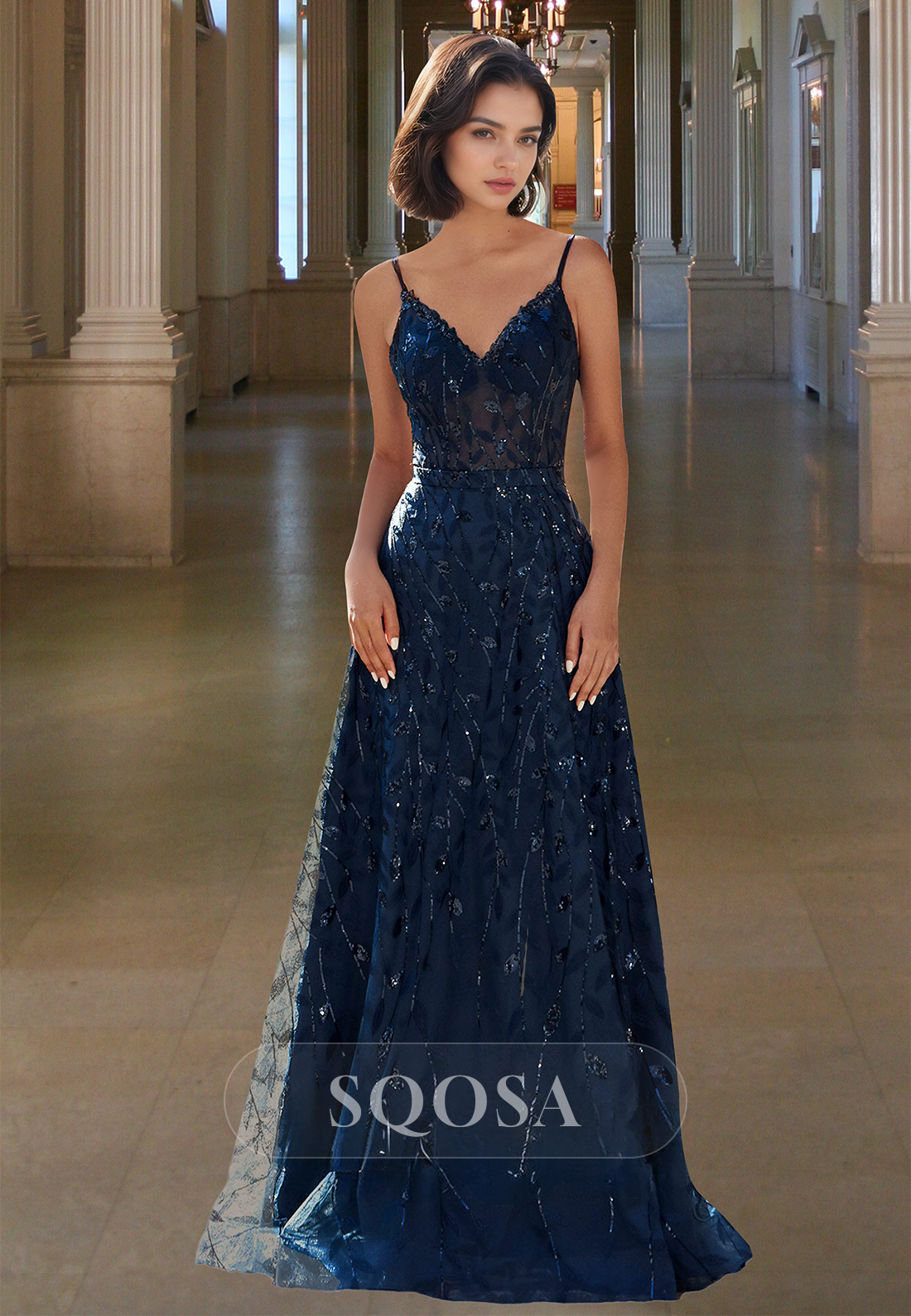 Spaghetti Straps Pleated Tiered Formal Gowns V-Neck Sleeveless Glitter SQOSA Spaghetti Straps Pleated Tiered Formal Gowns V-Neck Sleeveless Glitter SQOSA