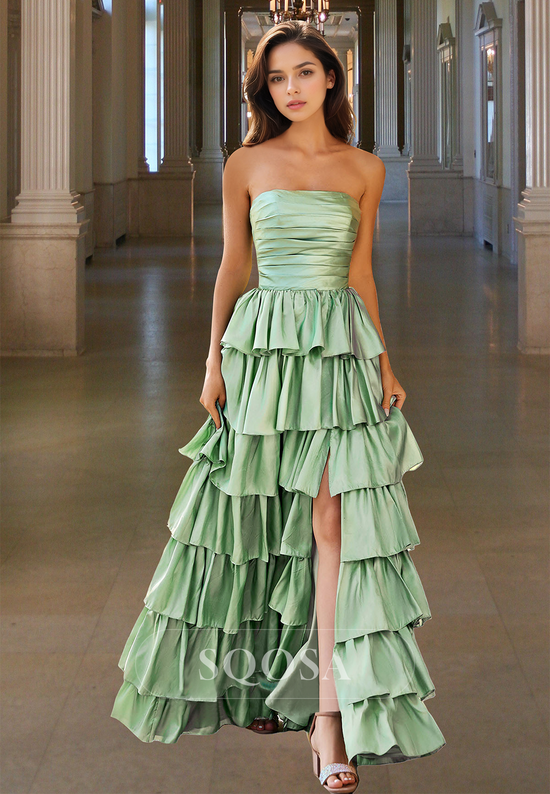 Tube Top Sleeveless Pleated A-Line Prom Dress Off-Shoulder Tiered Evening Gowns with High Slit Dusty Sage / US16 Tube Top Sleeveless Pleated A-Line Prom Dress Off-Shoulder Tiered Evening Gowns with High Slit Dusty Sage / US16