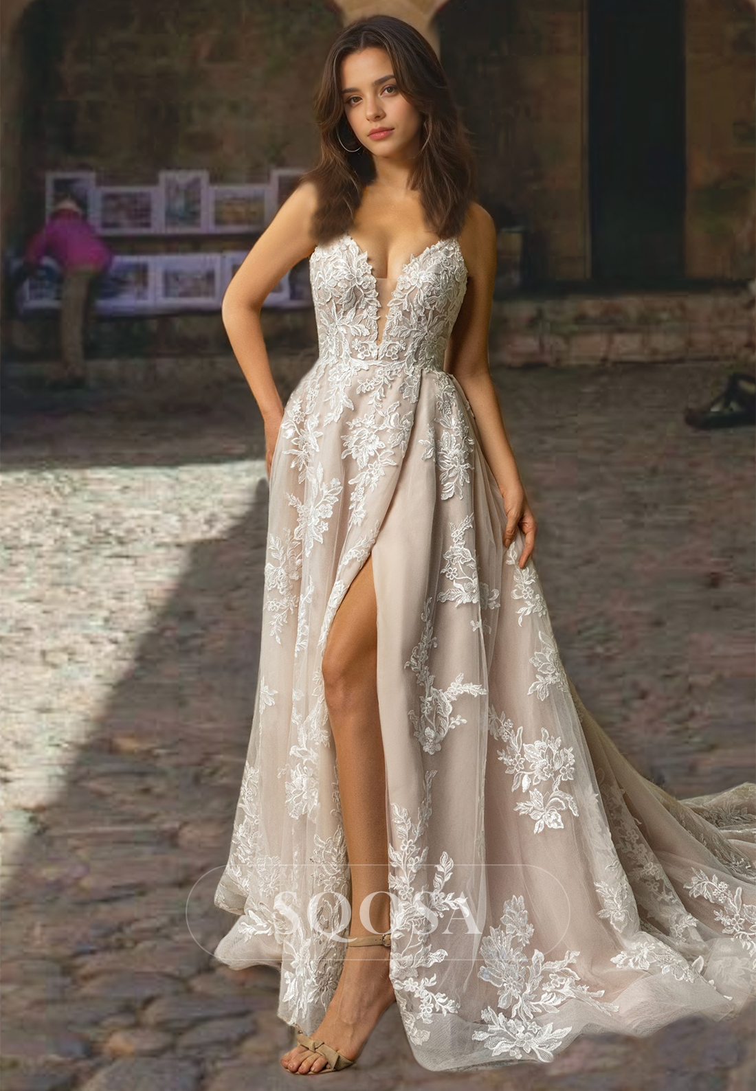 A-Line Sweetheart Allover Lace Appliques Wedding Dress Spaghetti Straps Sleeveless Bridal Dress with High Split White / US8 A-Line Sweetheart Allover Lace Appliques Wedding Dress Spaghetti Straps Sleeveless Bridal Dress with High Split White / US8