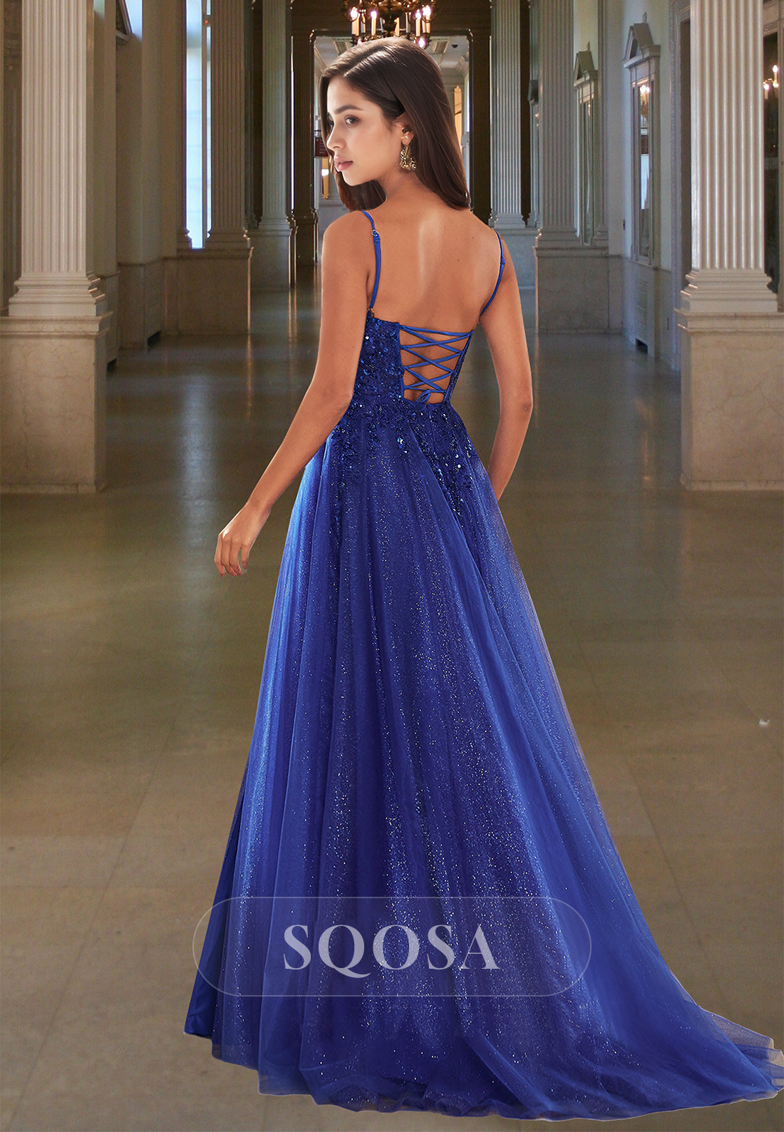 Sweetheart Spaghetti Straps Sleeveless Party Gowns Applique Glitter-Knit High Slit A-Line Prom Dress