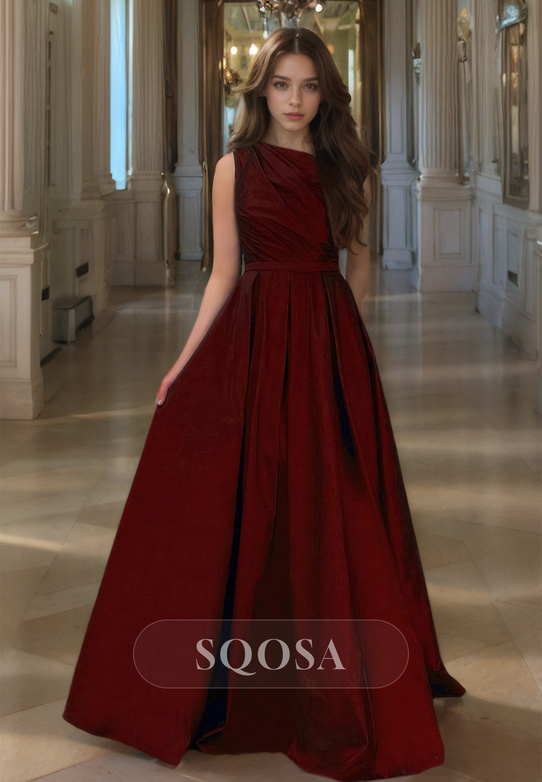 Asymmetrical-Neck Off-Shoulder Sleeveless A-Line Prom Dress Pleated Satin Bride Gowns with Slit Asymmetrical-Neck Off-Shoulder Sleeveless A-Line Prom Dress Pleated Satin Bride Gowns with Slit