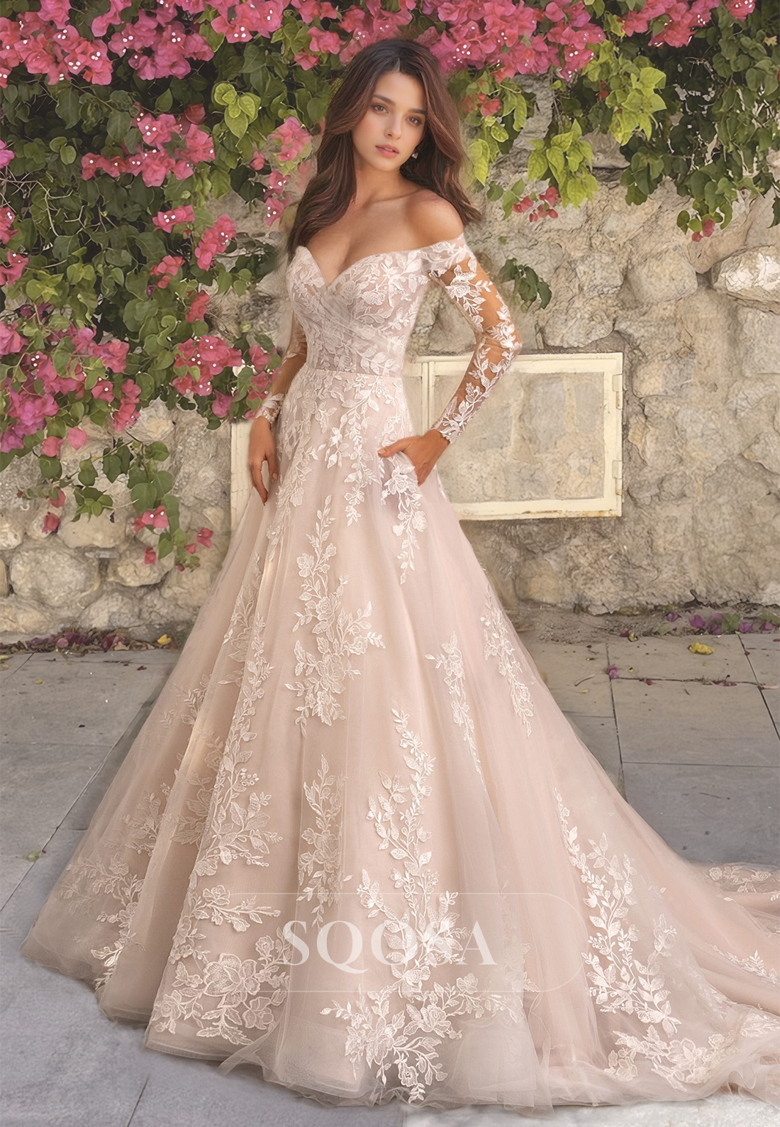 Sweetheart Long Sleeves Wedding Dress with Lace Appliques Sweep Train A-Line Bridal Gowns White / US4 Sweetheart Long Sleeves Wedding Dress with Lace Appliques Sweep Train A-Line Bridal Gowns White / US4