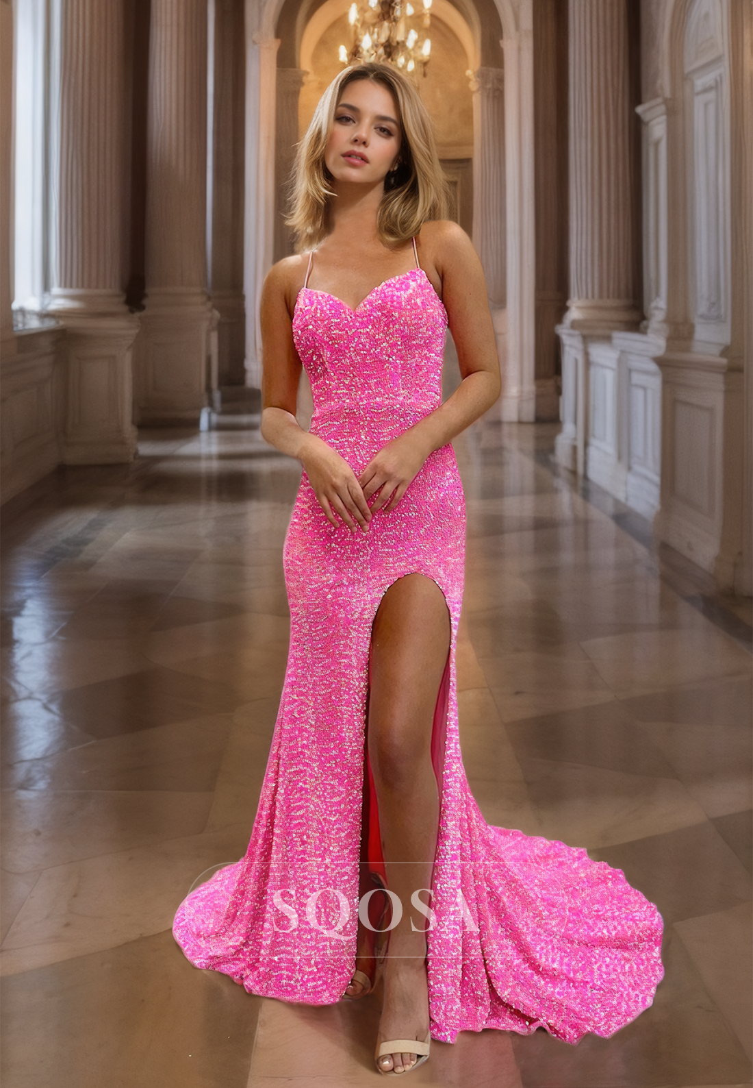 Sweetheart Spaghetti Straps Mermaid Prom Dress Glitter-Knit Slit Party Gowns with Train Purple / Custom Size Sweetheart Spaghetti Straps Mermaid Prom Dress Glitter-Knit Slit Party Gowns with Train Purple / Custom Size