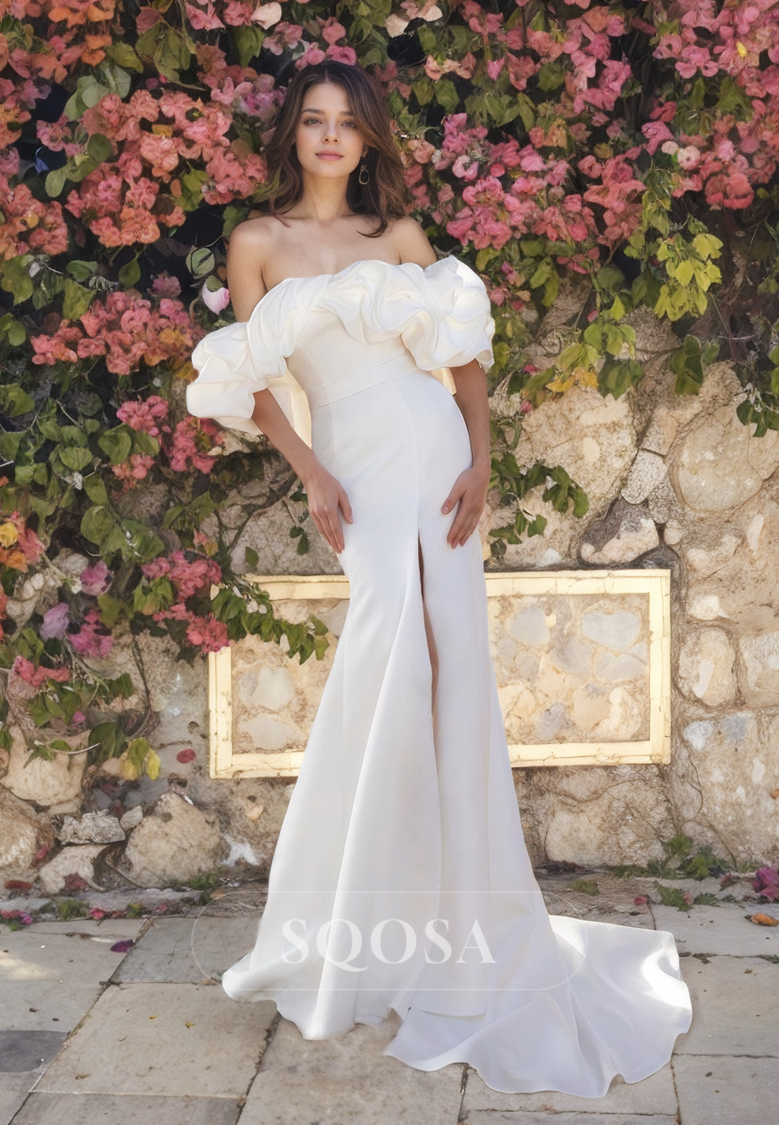 Mermaid Tube Top with Slit Satin with Ruffled Decoration Beach Wedding Dress Sweep Train White / US10 Mermaid Tube Top with Slit Satin with Ruffled Decoration Beach Wedding Dress Sweep Train White / US10