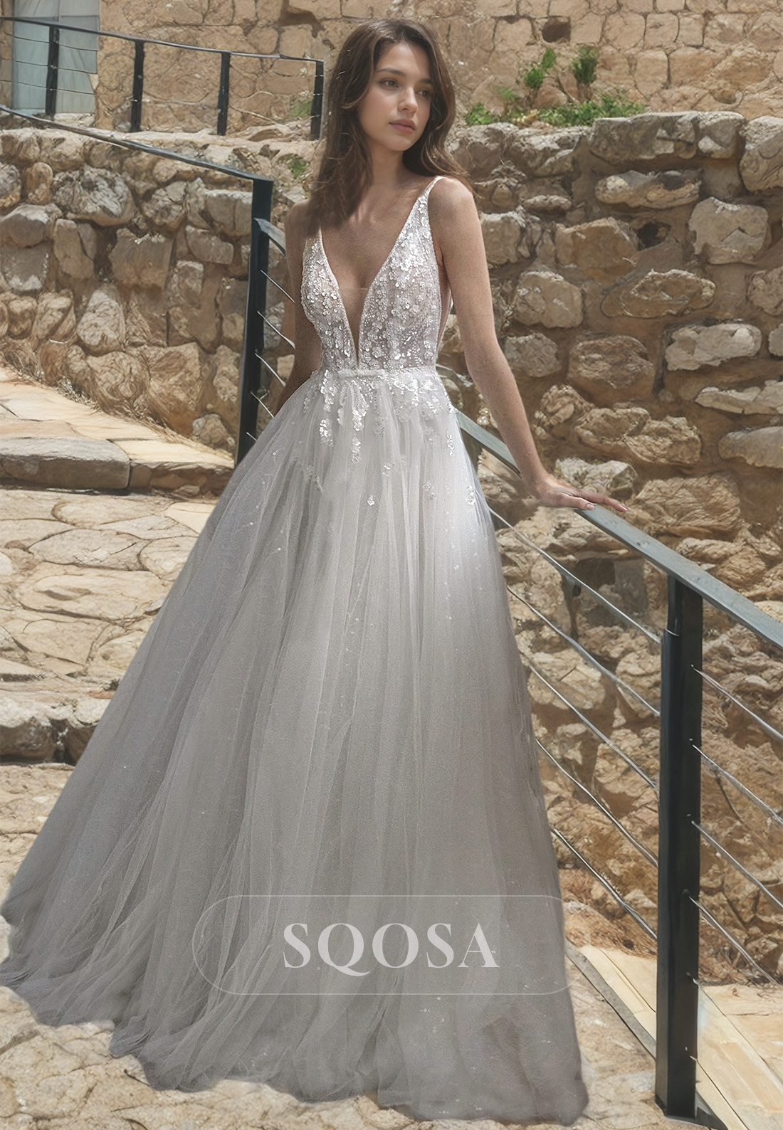 silver boho wedding dress Sexy Boho Beach wedding dress Tulle Spaghetti Neck Beaded Long Bridal SELINADRESS