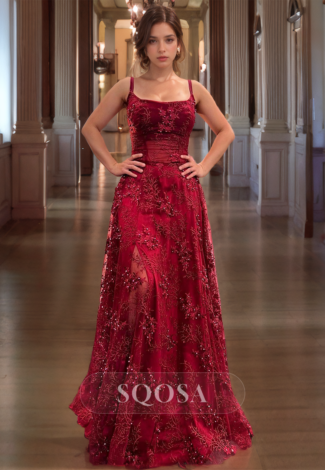 Square-Neck Spaghetti Straps A-Line Prom Dress Fully Beaded and Applique Tulle Party Gowns Custom Color / US14 Square-Neck Spaghetti Straps A-Line Prom Dress Fully Beaded and Applique Tulle Party Gowns Custom Color / US14