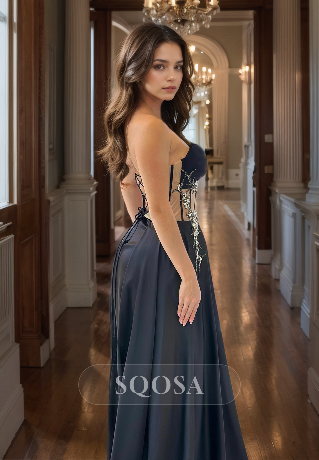 Sweetheart Sleeveless A-Line Prom Dress Beaded Cutout High Split Train Formal Evening Dress