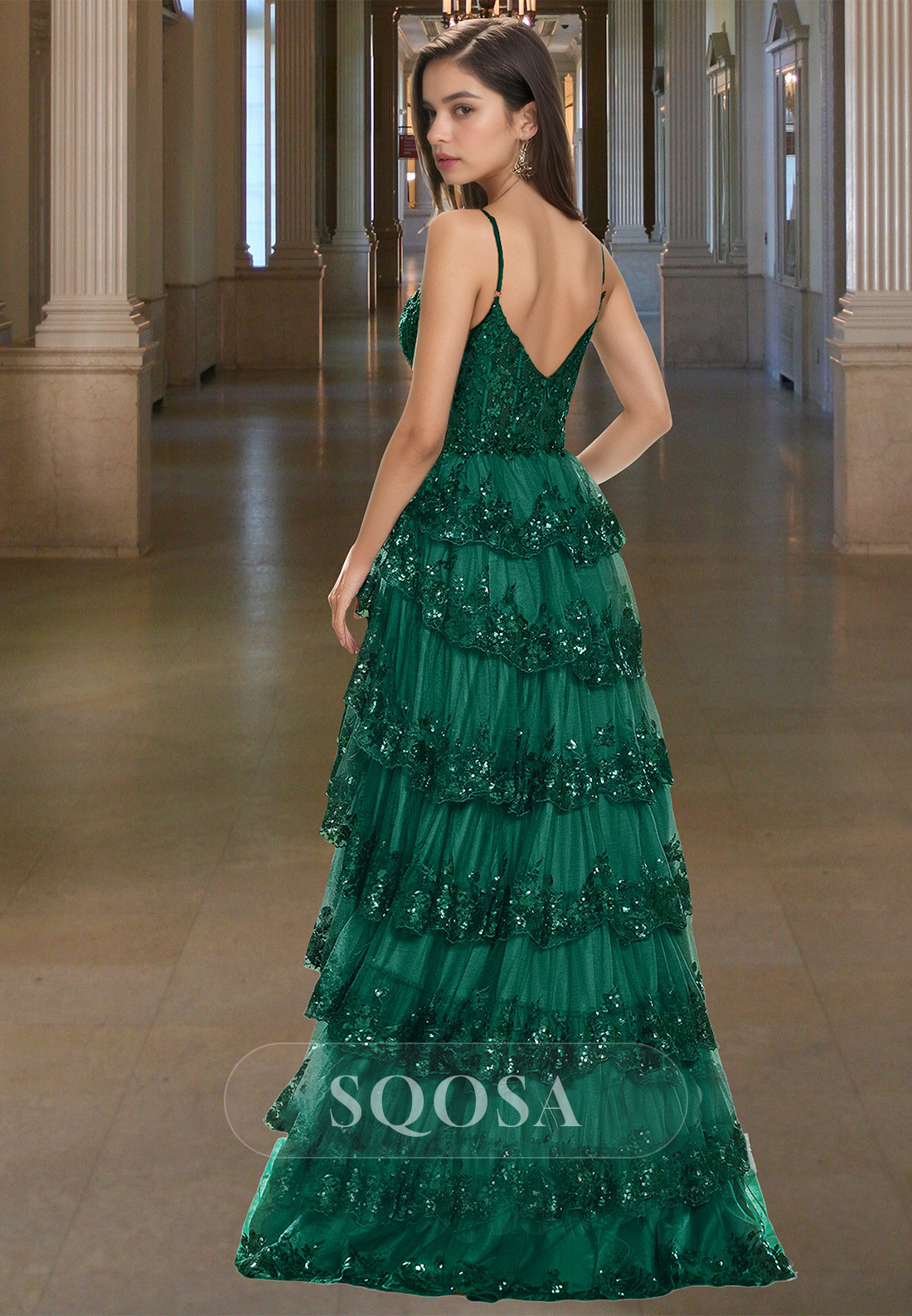 Sequined Glitter Applique Tiered A-Line Prom Dress Sweetheart Spaghetti Straps Sleeveless Party Gowns