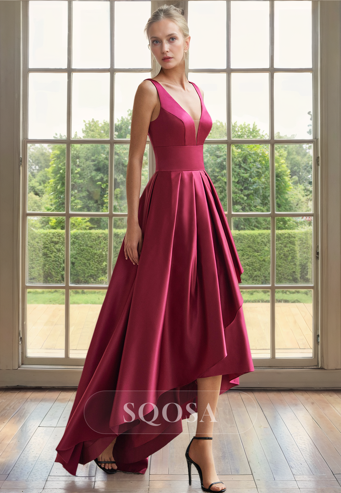 Sexy V Neck Satin Simple Cocktail Dress High Low Mother of the Bride Dress for Wedding
