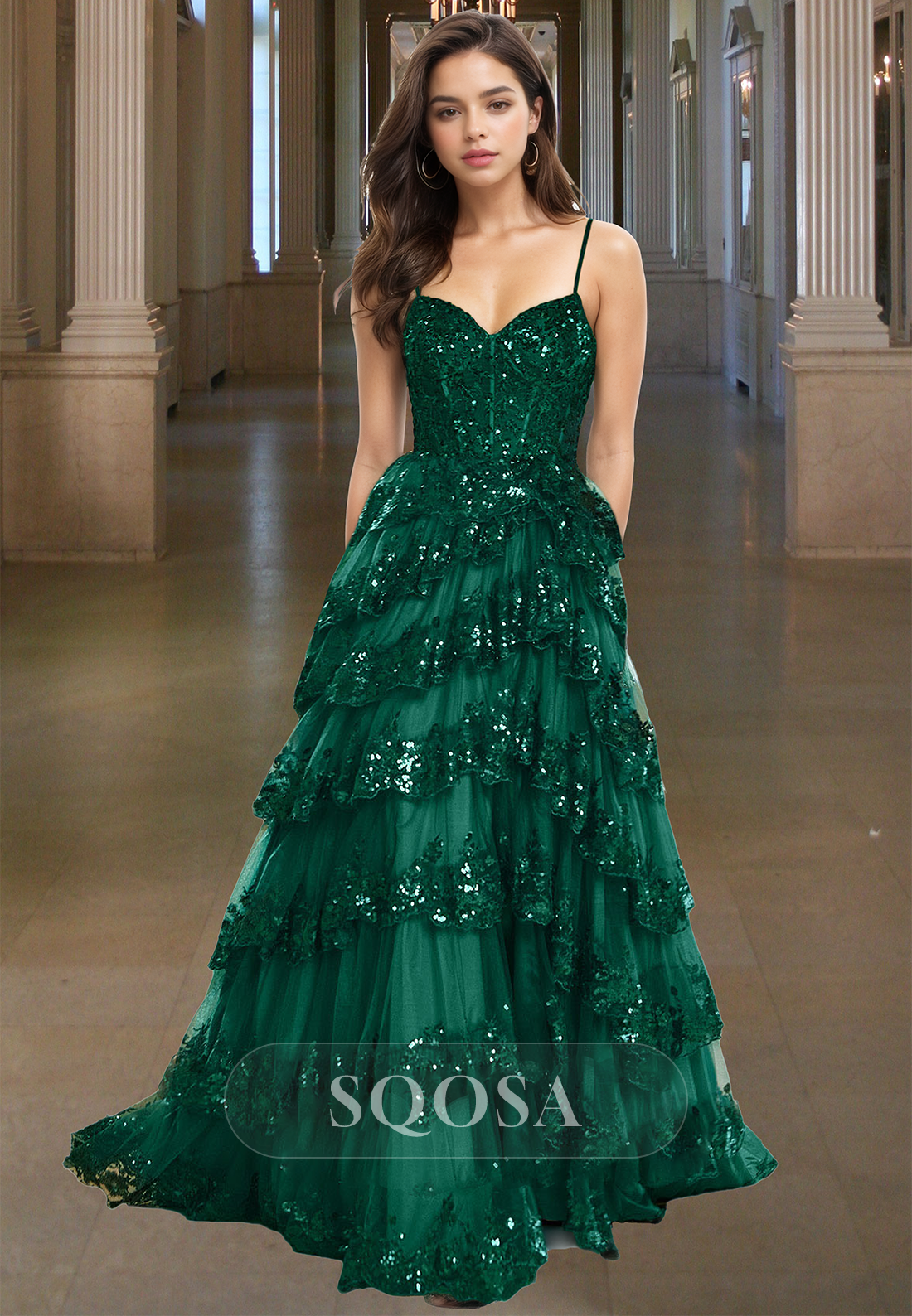 Sequined Glitter Applique Tiered A-Line Prom Dress Sweetheart Spaghetti Straps Sleeveless Party Gowns Dark Green / US2 Sequined Glitter Applique Tiered A-Line Prom Dress Sweetheart Spaghetti Straps Sleeveless Party Gowns Dark Green / US2