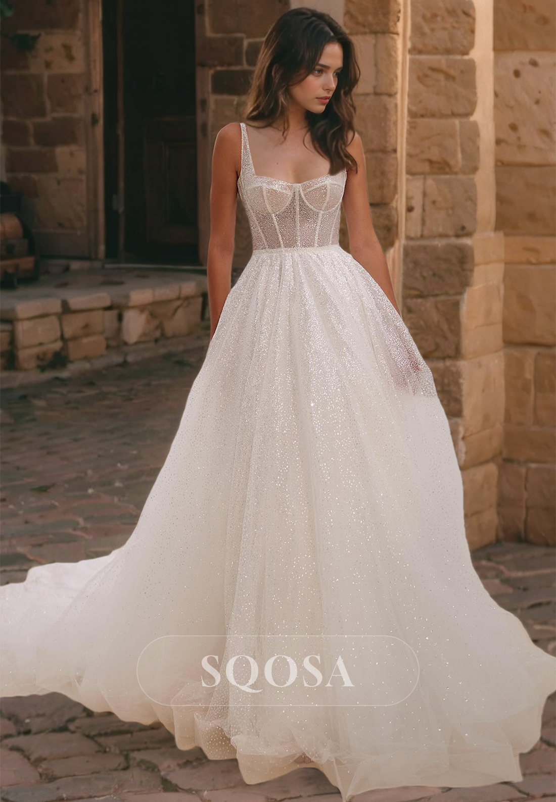 Tube Top Spaghetti Straps Wedding Dress Glitter-Knit Cutout A-Line wit SQOSA Tube Top Spaghetti Straps Wedding Dress Glitter-Knit Cutout A-Line wit SQOSA