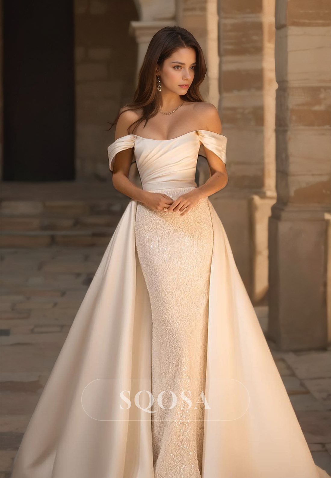 Off-Shoulder Lace Fitted Bridal Gown Sleeveless Beaded Pleated Wedding Dress with Satin Overskirt Custom Color / US12 Off-Shoulder Lace Fitted Bridal Gown Sleeveless Beaded Pleated Wedding Dress with Satin Overskirt Custom Color / US12