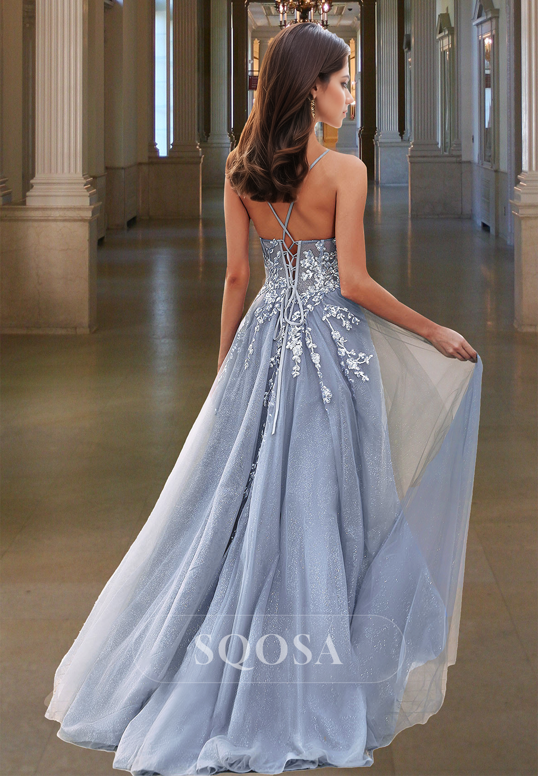 Spaghetti Straps Sweetheart Sleeveless Formal Gowns Lace Applique Glitter-Knit A-Line Prom Dress