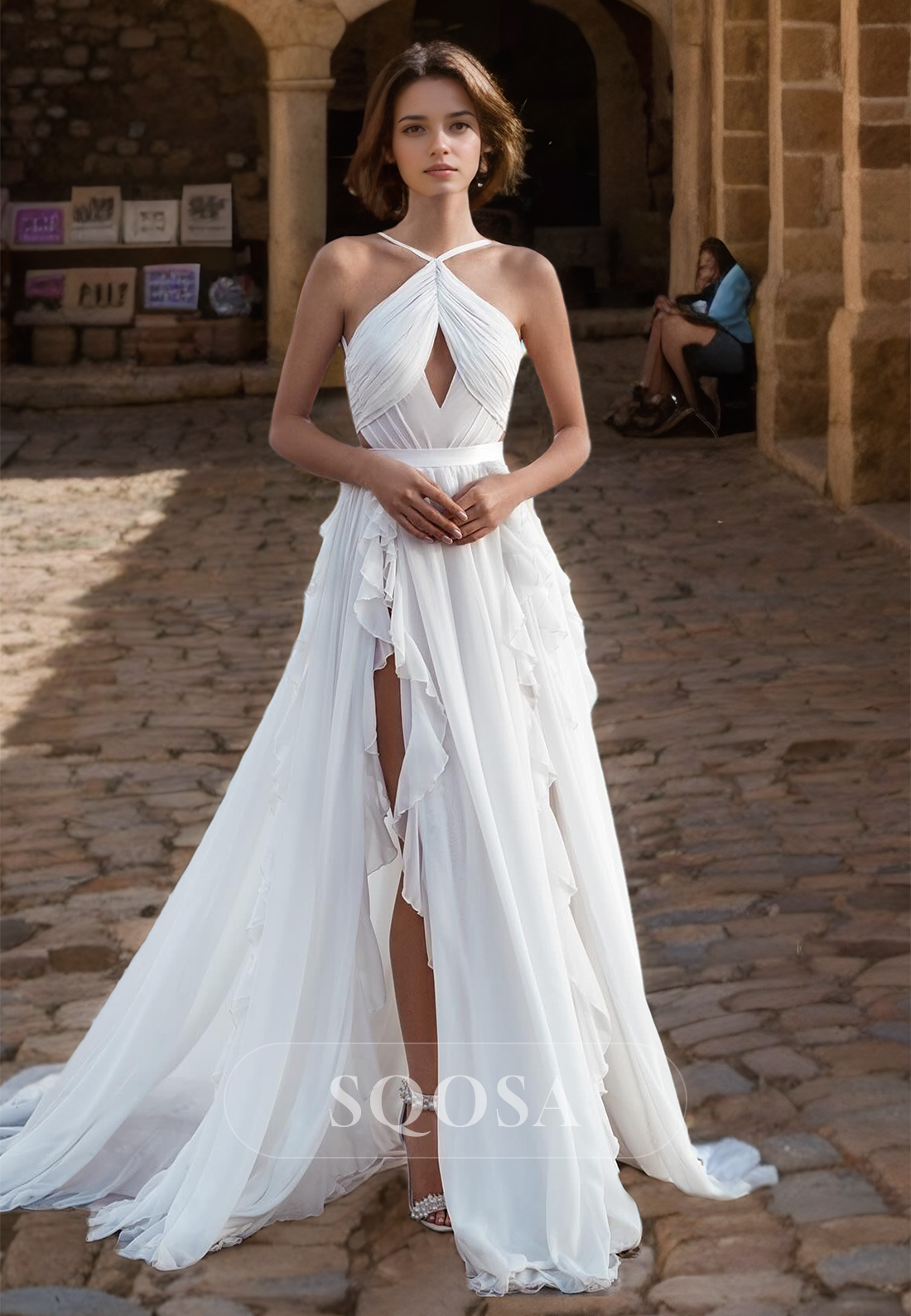 Halter-Neck Spaghetti Straps Pleated Bride Dress Cutout Chiffon A-Line Boho Wedding Dress with High Slit Ivory / US16 Halter-Neck Spaghetti Straps Pleated Bride Dress Cutout Chiffon A-Line Boho Wedding Dress with High Slit Ivory / US16