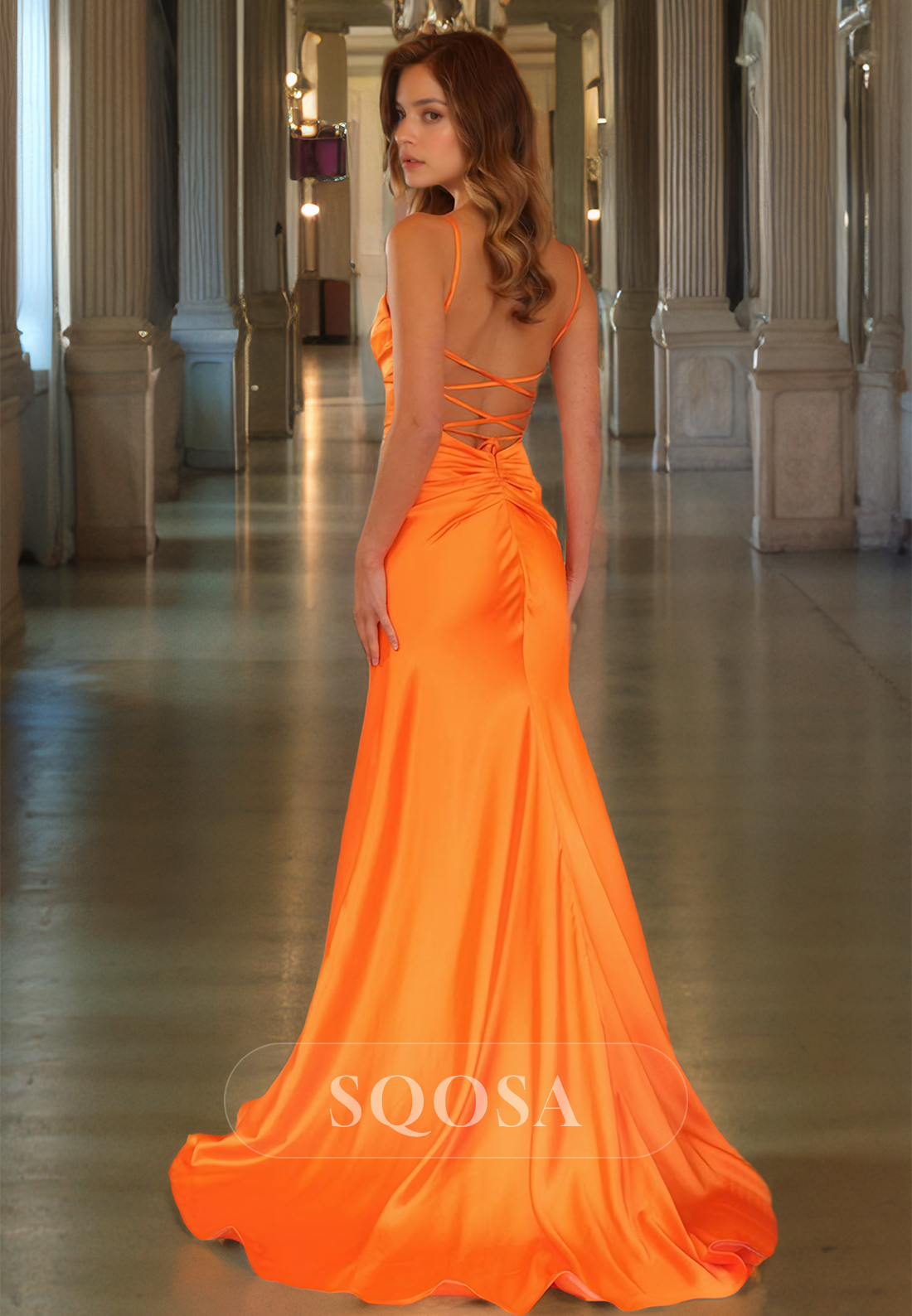 Tube Top Spaghetti Straps Mermaid Formal Gowns Pleated Sleeveless Satin Sweep Train Prom Dress