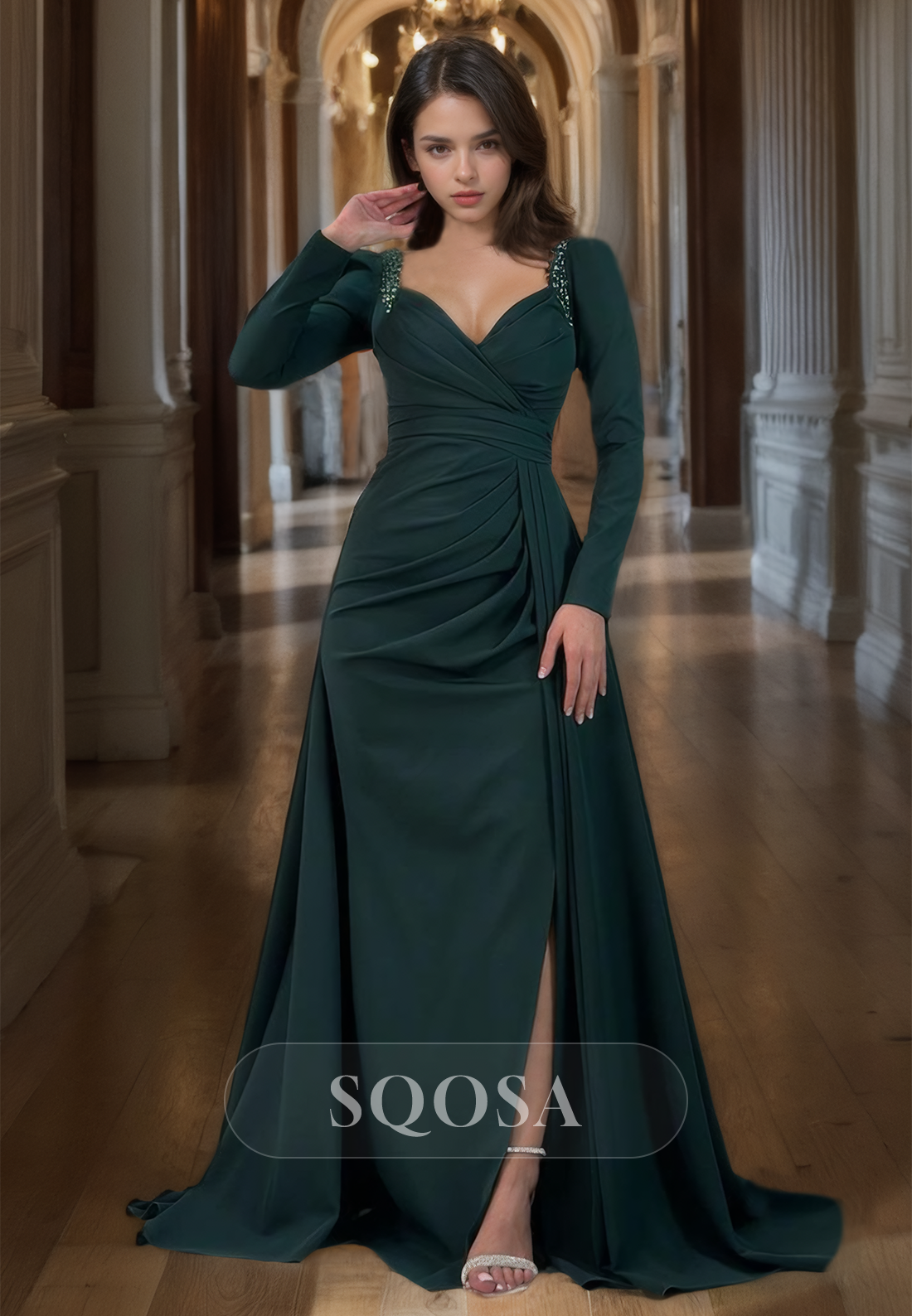 Sweetheart Long Sleeves Fitted Prom Dress Slit Pleated Satin Prom Dres SQOSA Sweetheart Long Sleeves Fitted Prom Dress Slit Pleated Satin Prom Dres SQOSA