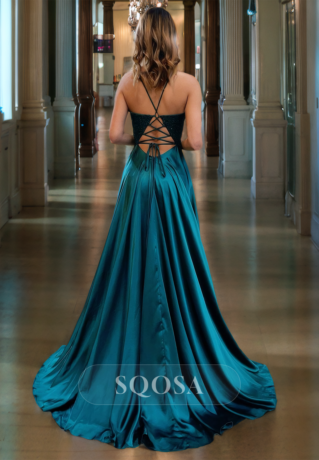 V-Neck Spaghetti Straps A-Line Dress Applique and Beaded Prom Dress Slit with Sweep Train