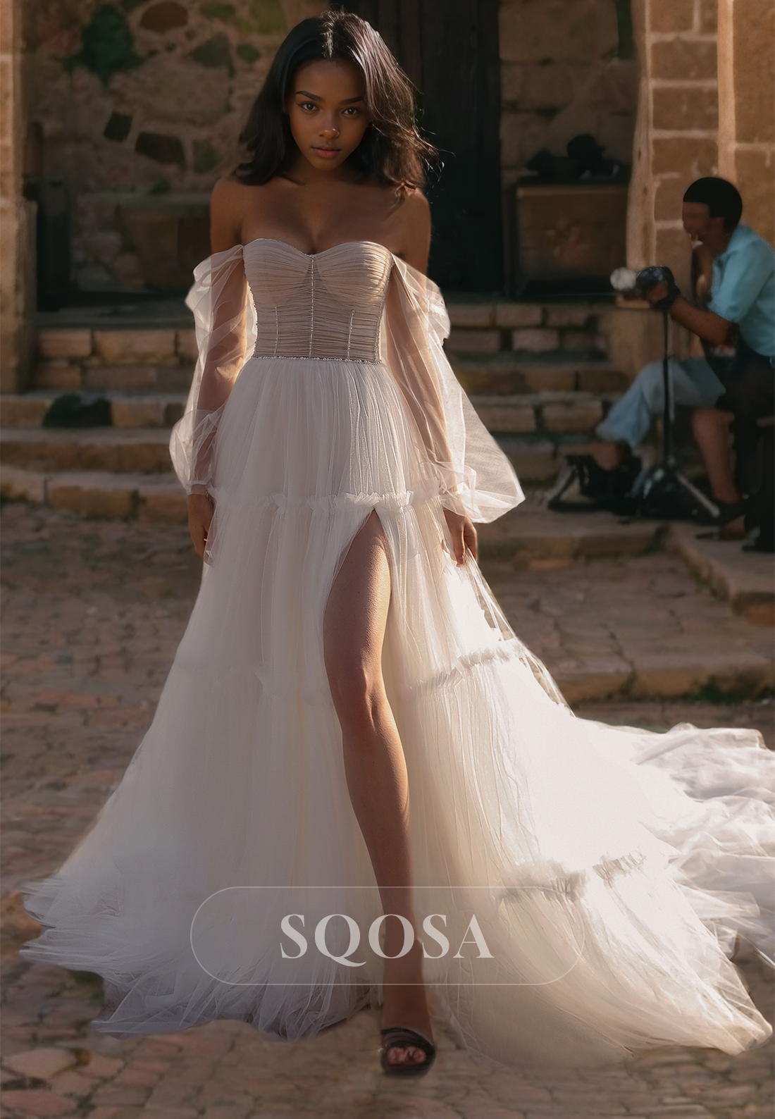 A-Line Sweetheart Long Sleeves Boho Wedding Dress Cutout Tulle Beaded Slit with Train Beach Gowns Custom Color / US14 A-Line Sweetheart Long Sleeves Boho Wedding Dress Cutout Tulle Beaded Slit with Train Beach Gowns Custom Color / US14