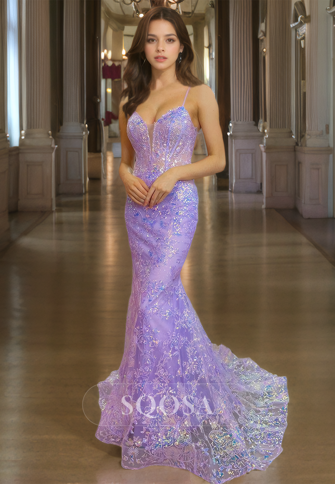 Sweetheart Off-Shoulder Spaghetti Straps Sleeveless Beaded Glitter-Knit Lace Mermaid Prom Dress with Sweep Train Lavender / US10 Sweetheart Off-Shoulder Spaghetti Straps Sleeveless Beaded Glitter-Knit Lace Mermaid Prom Dress with Sweep Train Lavender / US10