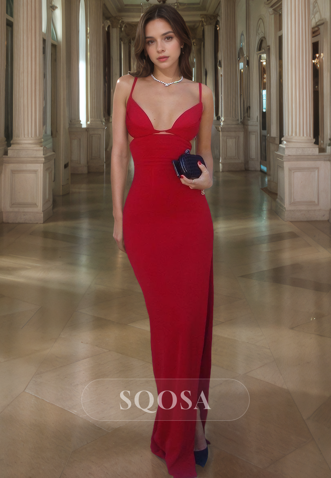 Spaghetti Straps V Neck Red Long Prom Dress with Slit Elegant Wedding Guest Dress US4 / Red Spaghetti Straps V Neck Red Long Prom Dress with Slit Elegant Wedding Guest Dress US4 / Red