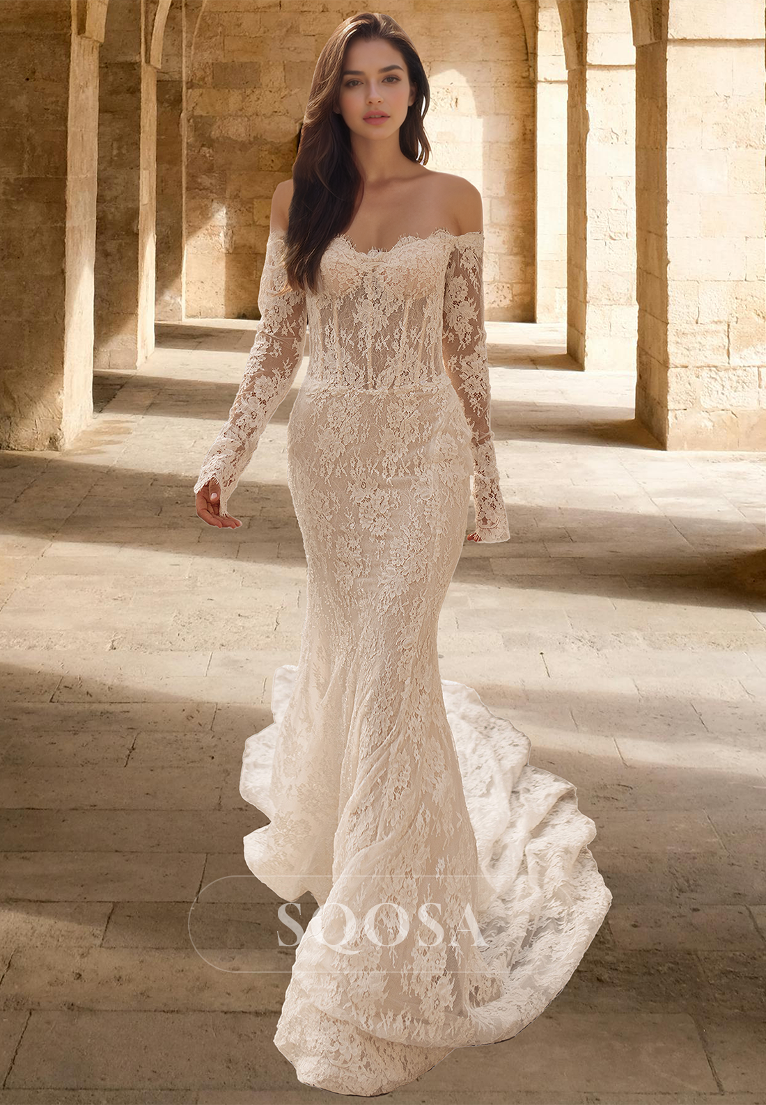 Sweetheart Long-Sleeves Off-Shoulder Mermaid Wedding Dress Allover Lac SQOSA Sweetheart Long-Sleeves Off-Shoulder Mermaid Wedding Dress Allover Lac SQOSA