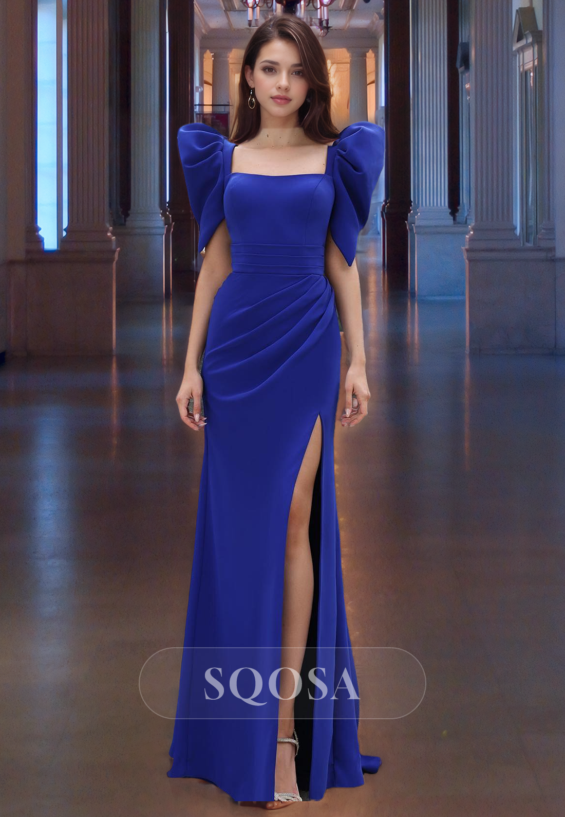 Simple Square-Neck Cap Sleeves Fitted Prom Dress Floor-Length Pleated SQOSA Simple Square-Neck Cap Sleeves Fitted Prom Dress Floor-Length Pleated SQOSA