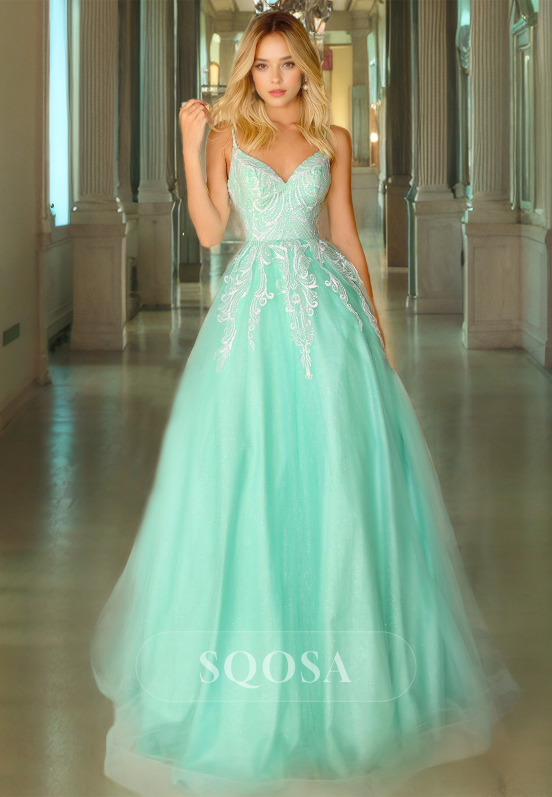 Ornate A-Line V-Neck Sleeveless Spaghetti Straps Tulle with Asymmetrical Prom Dress Mint Green / Custom Size Ornate A-Line V-Neck Sleeveless Spaghetti Straps Tulle with Asymmetrical Prom Dress Mint Green / Custom Size