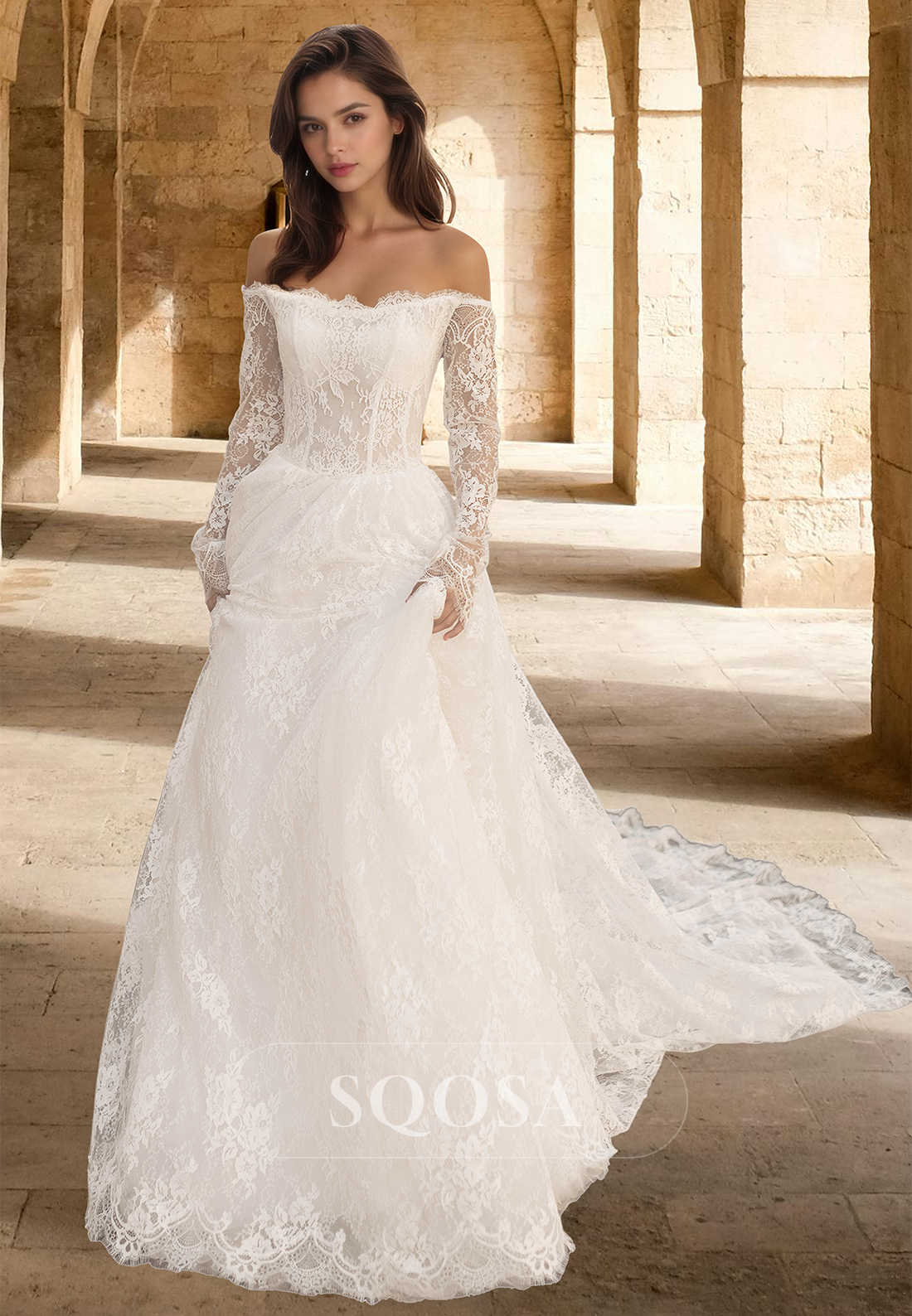 Scoop-Neck Long-Sleeves Allover Lace Bride Gowns Off-Shoulder Pleated Cutout A-Line Wedding Dress Custom Color / US4 Scoop-Neck Long-Sleeves Allover Lace Bride Gowns Off-Shoulder Pleated Cutout A-Line Wedding Dress Custom Color / US4