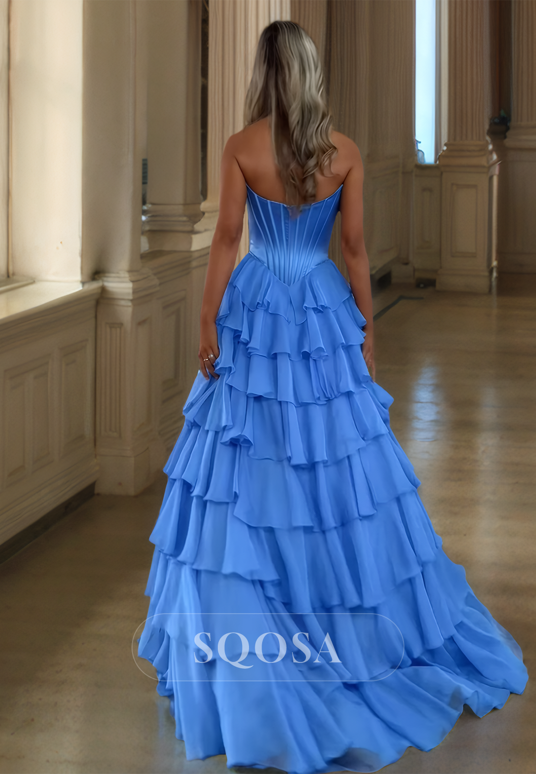 Sweetheart Sleeveless Chiffon A-Line Prom Dress Beaded Pleated Tiered Formal Gowns with Train