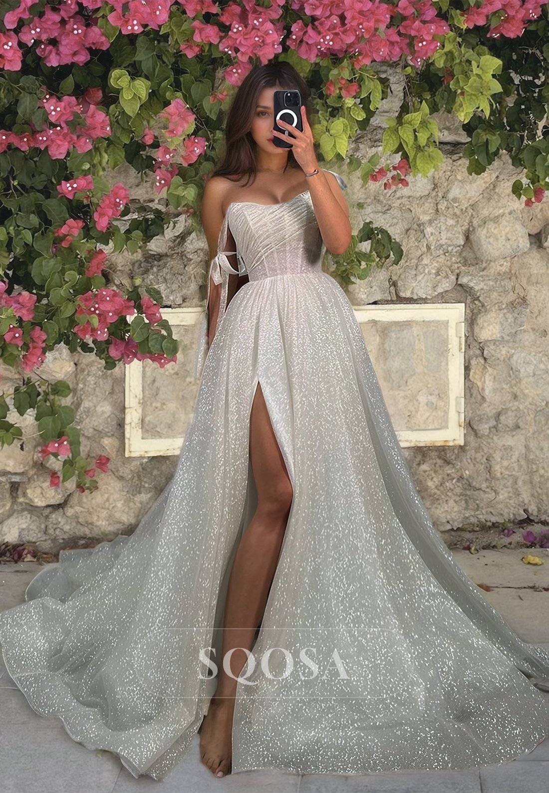Sweetheart Sleeveless Bows A-Line Wedding Dress Glitter-Knit High Split with Train Bridal Dress Custom Color / US8 Sweetheart Sleeveless Bows A-Line Wedding Dress Glitter-Knit High Split with Train Bridal Dress Custom Color / US8