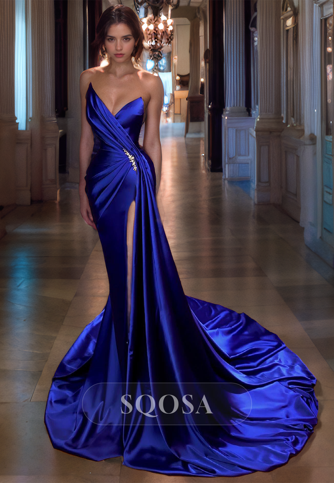 Asymmetrical Satin Pleats Side Slit Long Prom Formal Dress US4 / Royal Blue Asymmetrical Satin Pleats Side Slit Long Prom Formal Dress US4 / Royal Blue