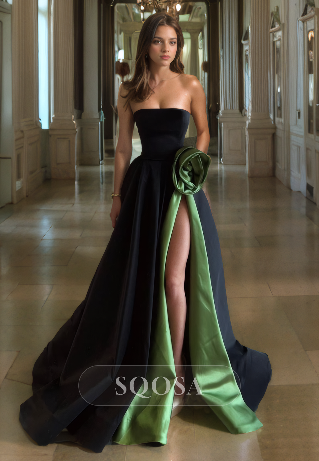 Sleeveless Tube Top A-Line Formal Party Gowns Off-Shoulder Floral Embellished with Slit Prom Dress Black&Green / US12 Sleeveless Tube Top A-Line Formal Party Gowns Off-Shoulder Floral Embellished with Slit Prom Dress Black&Green / US12