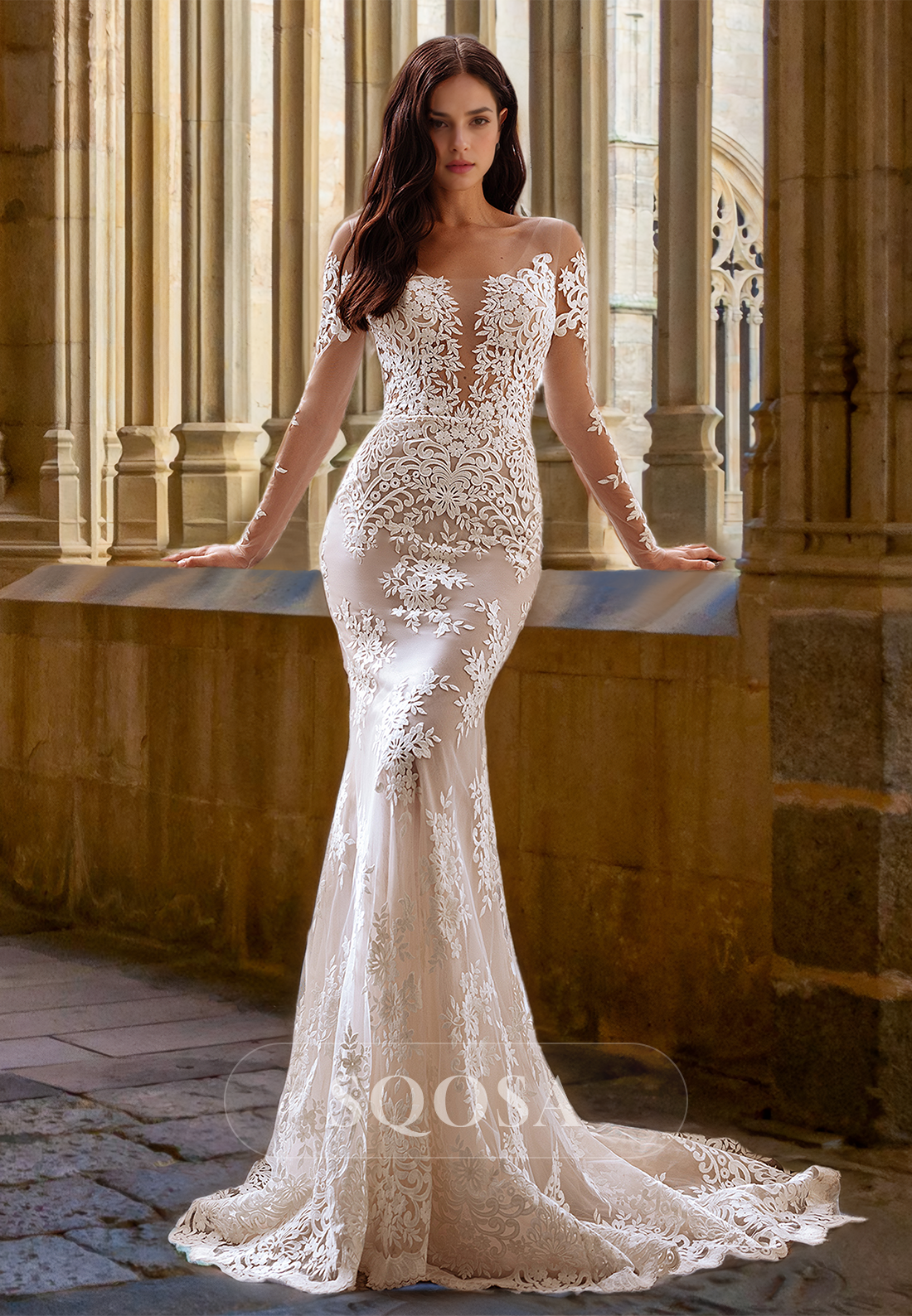 Scoop-Neck Long-Sleeves Allover Lace Applique Sheer Mermaid Wedding Dress with Sweep Train White / US10 Scoop-Neck Long-Sleeves Allover Lace Applique Sheer Mermaid Wedding Dress with Sweep Train White / US10