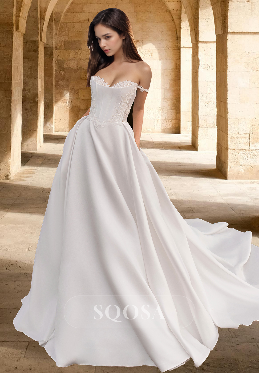 Sweetheart Sleeveless Long Chiffon Bride Gowns Off-Shoulder Lace Appli SQOSA Sweetheart Sleeveless Long Chiffon Bride Gowns Off-Shoulder Lace Appli SQOSA