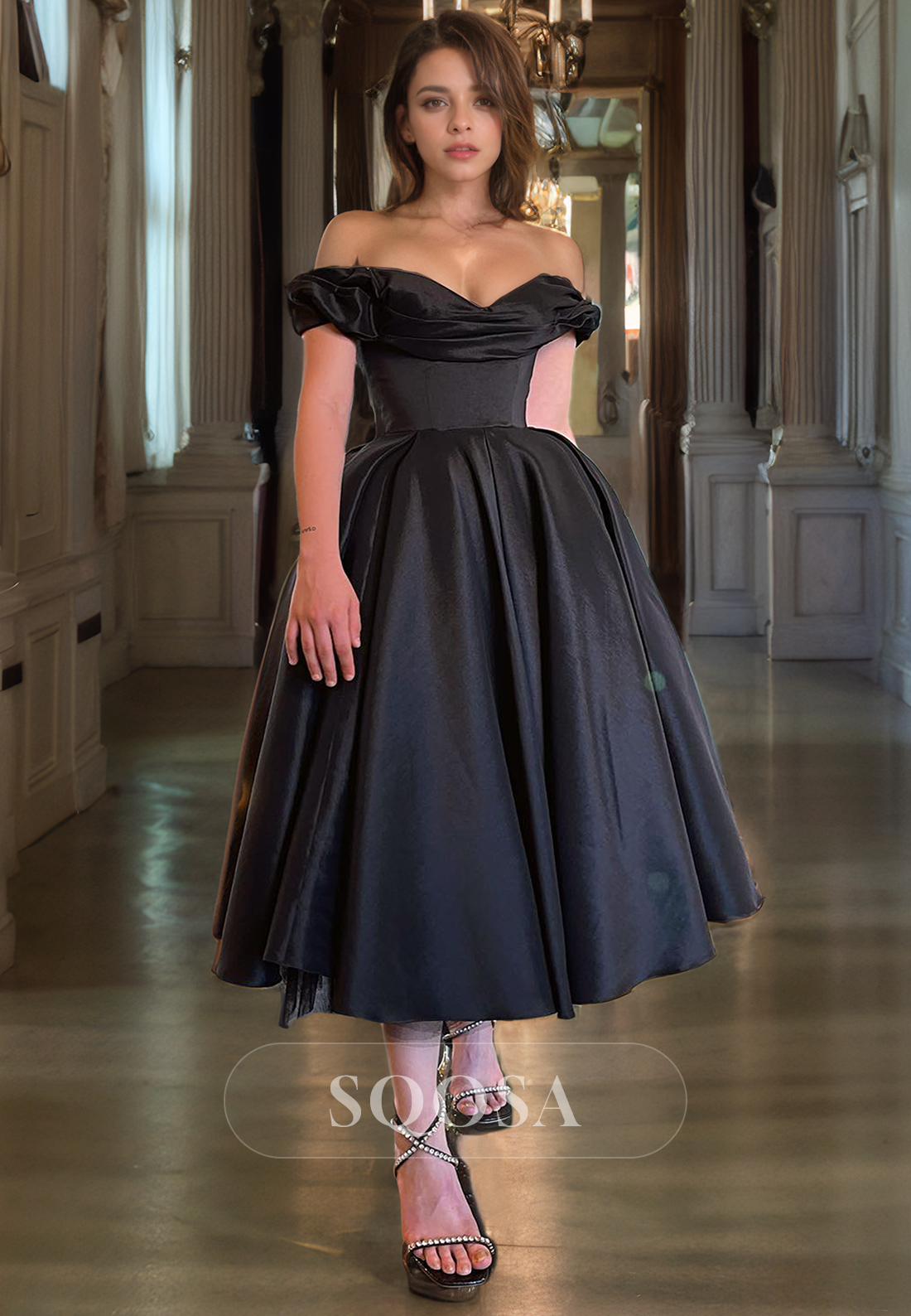 black off the shoulder tea length dress Off Shoulder Black Tea Length Dress Party Dress (04161100)