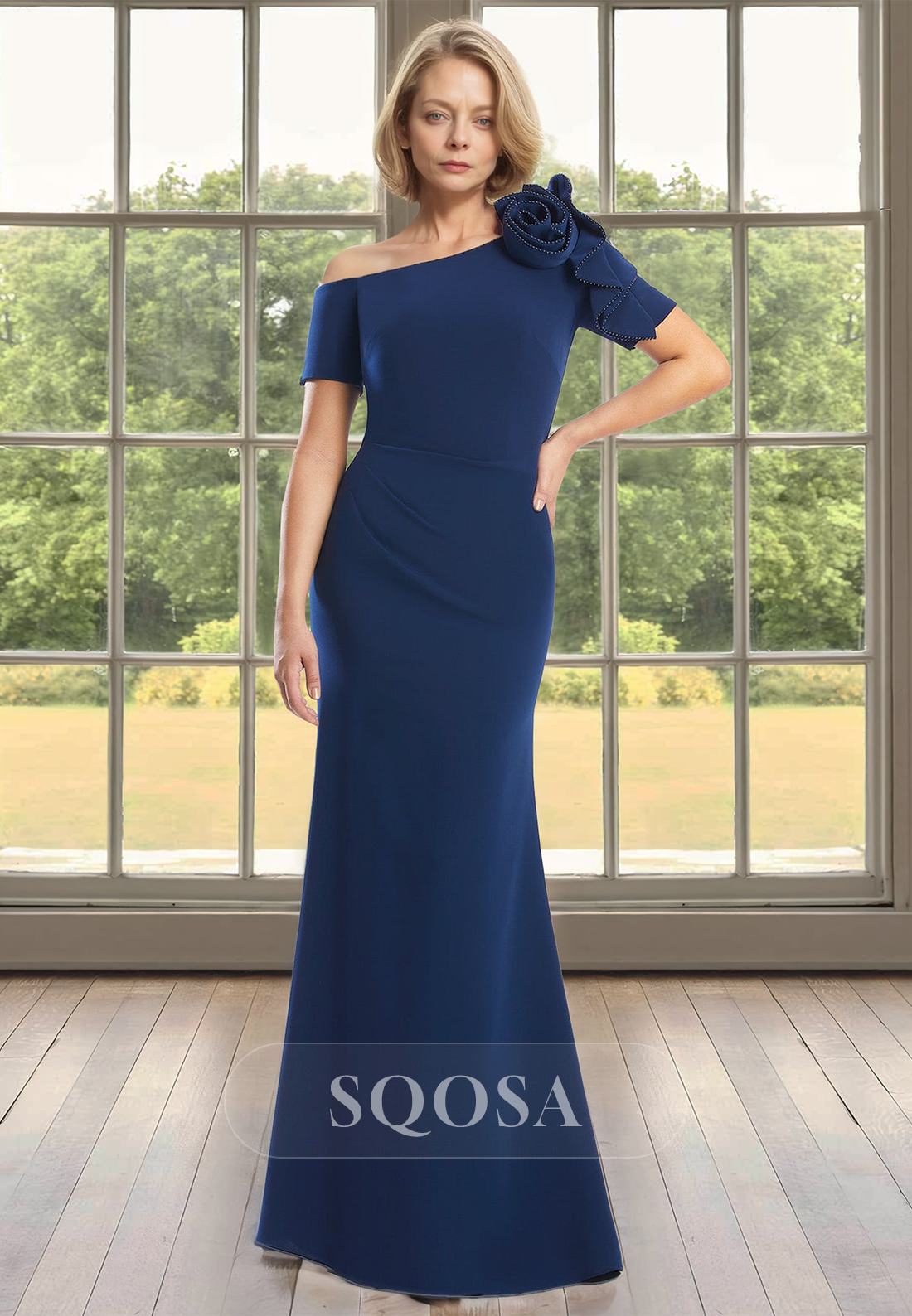 Asymmetrical-Neck Short-Sleeves Cocktail Gowns Beaded Floral Embossed SQOSA Asymmetrical-Neck Short-Sleeves Cocktail Gowns Beaded Floral Embossed SQOSA