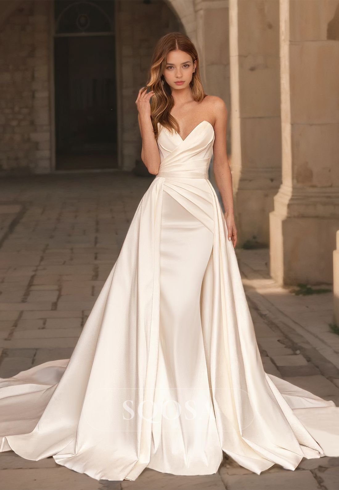 V-Neck Sleeveless Pleated Satin Mermaid Wedding Dress Sweep Train Bridal Dress with Overskirt Ivory / US12 V-Neck Sleeveless Pleated Satin Mermaid Wedding Dress Sweep Train Bridal Dress with Overskirt Ivory / US12